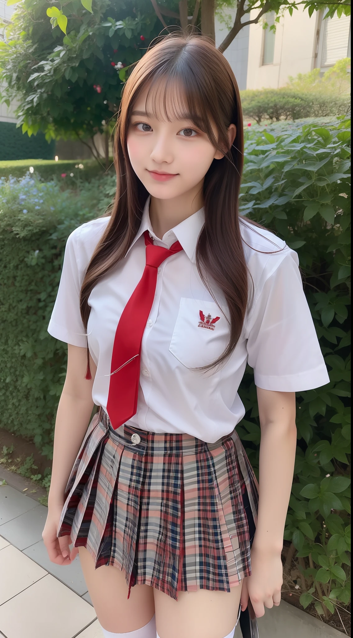 High school girl 18 years old wearing shirt and miniskirt with light red tie