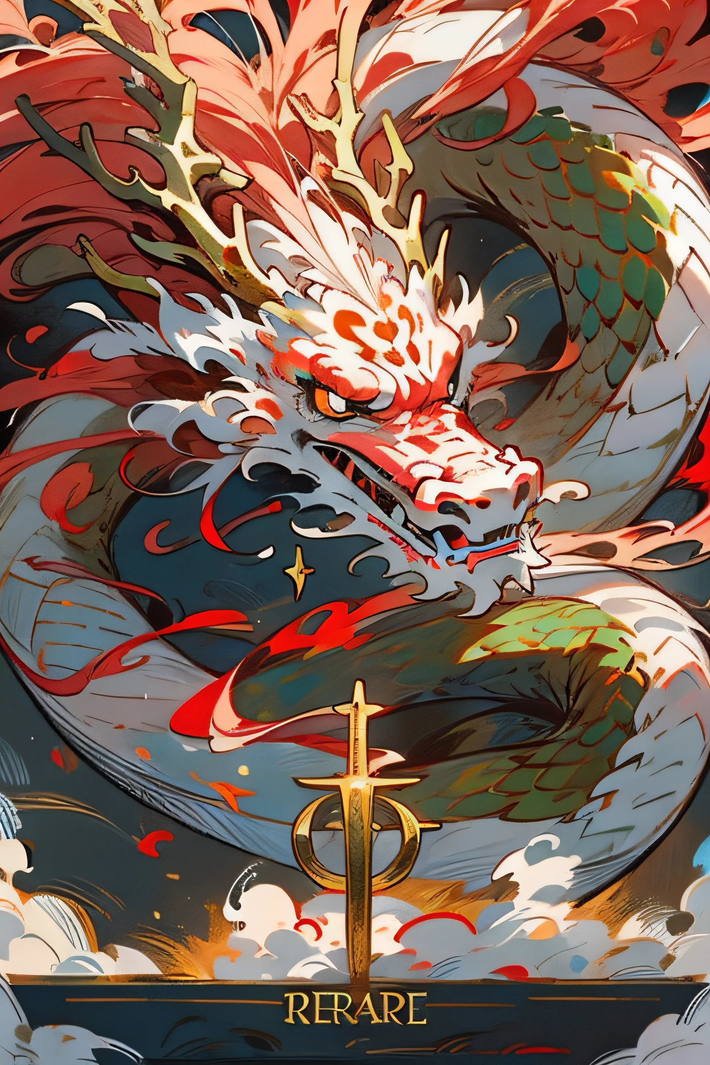 A white dragon, Golden mane, Huge red-black dragon horns, Vertical pupils, Holy, Serious, Serpentine body, immensity, Covered with scales, ccurate, Best quality, Award-Awarded, Masterpiece