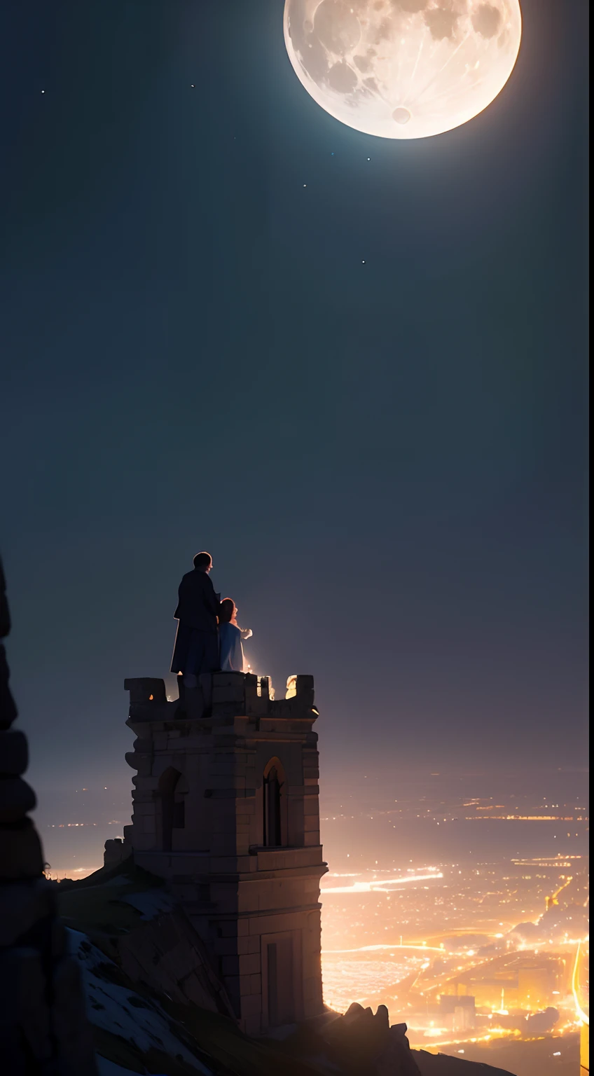 (8k), Ultra resolution 8K, Romantic illustration, (Pareja de pie en la cima de un castillo, primer plano) ,Huge full moon behind,Moonlight reflecting the sea Romantic lighting, natural lighting