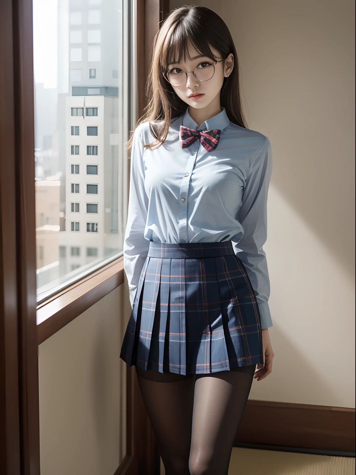 （8K、Raw photography、top-quality、​masterpiece：1.2),bob cuts,cocky,School,watching at viewers,Looking at the front,Muchimuchi,Erotic,Pupils,(Light blue bra seen through the shirt),de pele branca,kne,(Black pantyhose),absurderes,a small face,small tits,flat breast,Parting the bangs from the middle、Forehead visible,(a cold expression,Tight eyes,glares,Bullish,skinny,Rasping,irate)、​masterpiece,top-quality、超A high resolution,Raw photo,ren,Beautiful fece,One Person, 独奏,eye glass,,Dark look,Small breasts,fullllbody,Round glasses、cute little,JK school uniform,hi-school girl,A Japanese Lady,is standing,（Photorealsitic：1.37）、Photon mapping,Realistic、Beautie,Cute little face,Brown-eyed、Black socks、(Red bow tie)、Radio City、Physically Based Rendering、depth of fields、Blurry background、a picture,Body,teens girl,beauty legs, Long legs, Thin leg,(Bangs are visible), hair, s lips, Blue_The eye, nosesoft,(Light blue shirt), (Navy and blue and white plaid pleated skirt), Knees are visible,Sheer clothing,, Thigh, Black cotton socks,Nogizaka Idol, 女優, Japanese ido