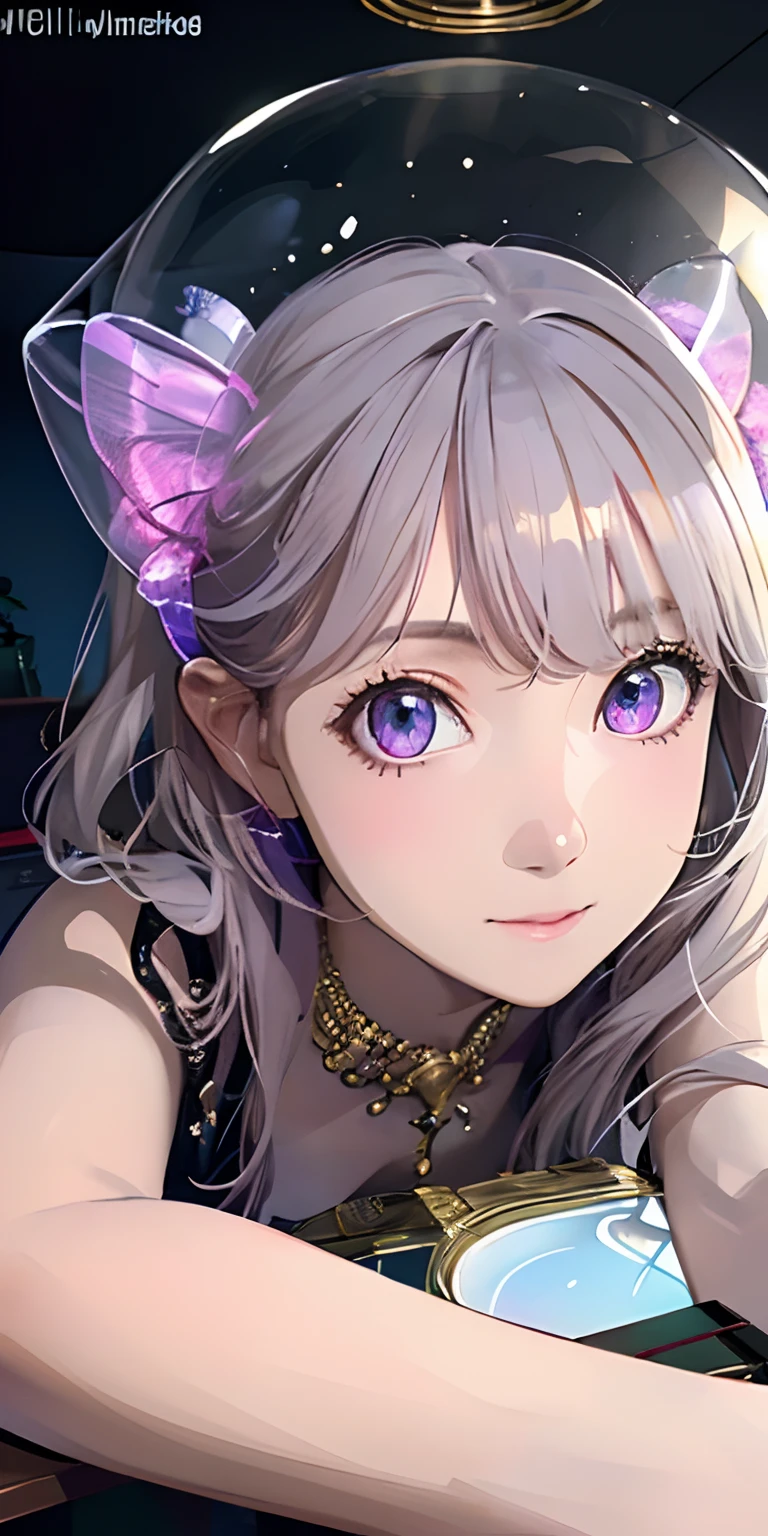 [(Transparent background:1.5)::5],(((Masterpiece))),(((Best quality))),(((Extremely detailed))),illustration, 1girll,Solo,mysterious,vivd colour,Shiny, Underwater transparent sealed hemispherical glass dome, (White hair),(Purple eyes), full bodyesbian,Barefoot,Long hair is calm and natural, Koi,Underwater, Dome,Close up,Dynamic actions,Lens perspective,(((Box composition))),sitting cross-legged，Leaning against the bookshelf, voluminetric lighting, multi colored eyes, Detailed eyes, ultra - detailed,Light smile, Highly detailed, Beautiful, small detailed, Ultra detailed, Best quality, Intricate, 4K, 8K, trending on artstationh, Good anatomy, Beautiful lighting, Award-winning,