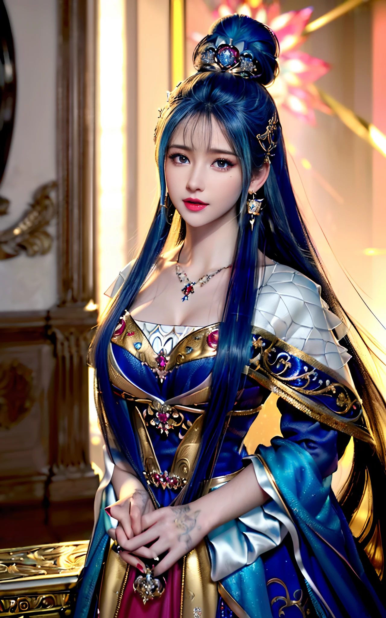 ((realisticity: 1.2)), ((realistic: 8K UHD)), ((best resolution: 8K UHD)), hyper detailed, best quality,masterpiece,highres,cg, ((1 girl hyper detailed and hyper realistic) ) , ((beautiful queen, hyper realistic and hyper detailed)),((white skin, beautiful, smooth, youthful, hyper realistic and hyper detailed )), ((Face hyper beautiful, white, hyper realistic and hyper detailed ) ), long hair, ((hyper realistic and hyper detailed dress)), solo, ((hyper realistic, hyper beautiful, beautiful and hyper detailed jewelry)), ((hyper beautiful deep red and golden yellow dress, hyper realistic and hyper detailed )) , ((Her pretty, hyper realistic, hyper detailed diamond filled earrings)), ((Her gorgeous diamond haircut, hyper realistic and hyper detailed)), ((hyper pretty upper body, hyper beautiful, hyper realistic and hyper detailed) ), ((medium breast: 1.5)), ((hyper realistic, hyper pretty, hyper detailed boobs)), ((the backgroun of the royal palace is hyper majestic, hyper realistic and hyper detailed)),((hands and palms hyper beautiful, hyper detailed, hyper realistic)), ((hyper pretty, hyper pretty, hyper realistic and hyper detailed hair bun)), ((hyper pretty , hyper realistic and hyper detailed blue hair)), candid, Photo, high resolution, 8k , bokeh,
