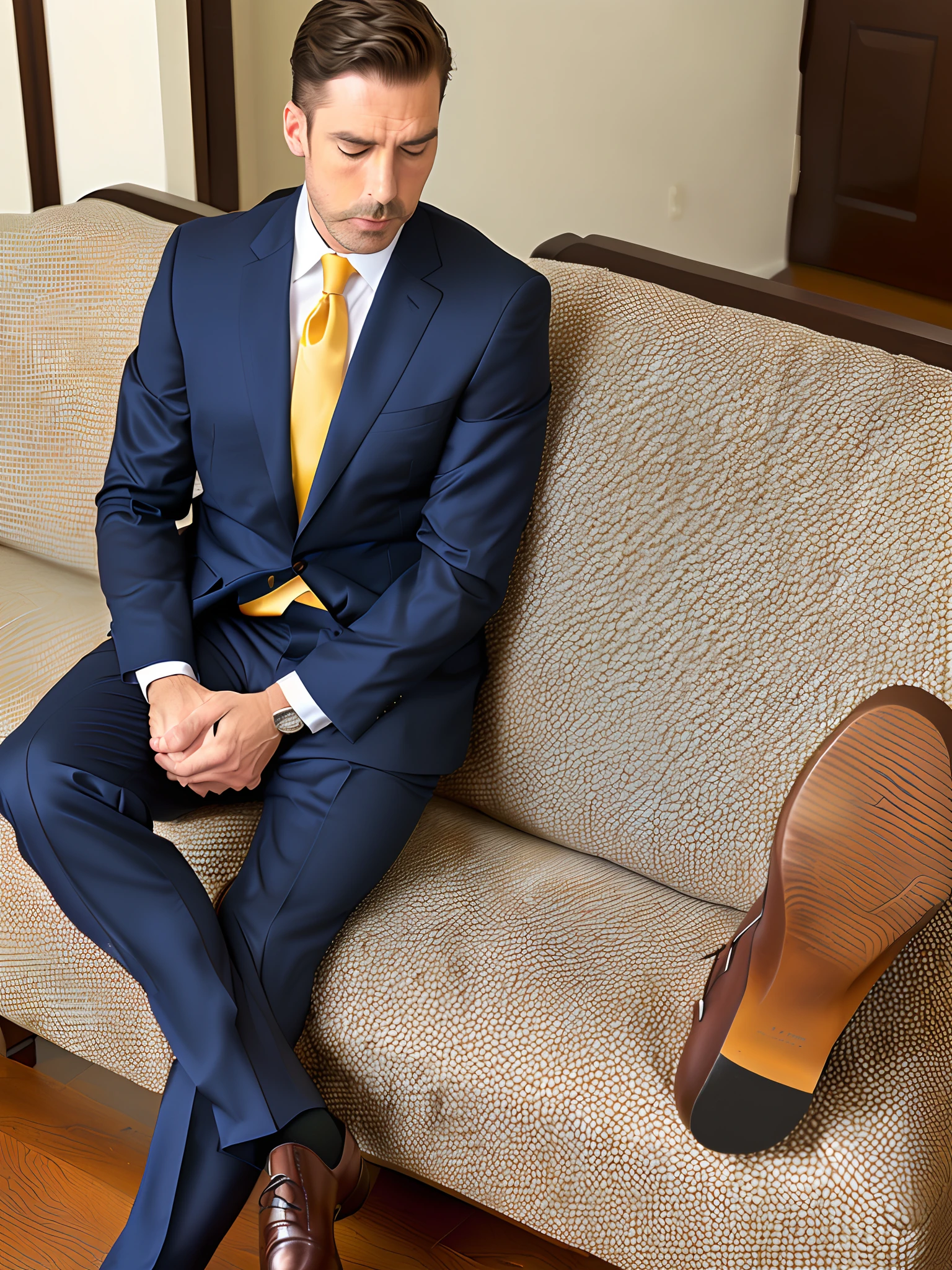 Man in suit sitting on sofa sniffing his own leather shoes