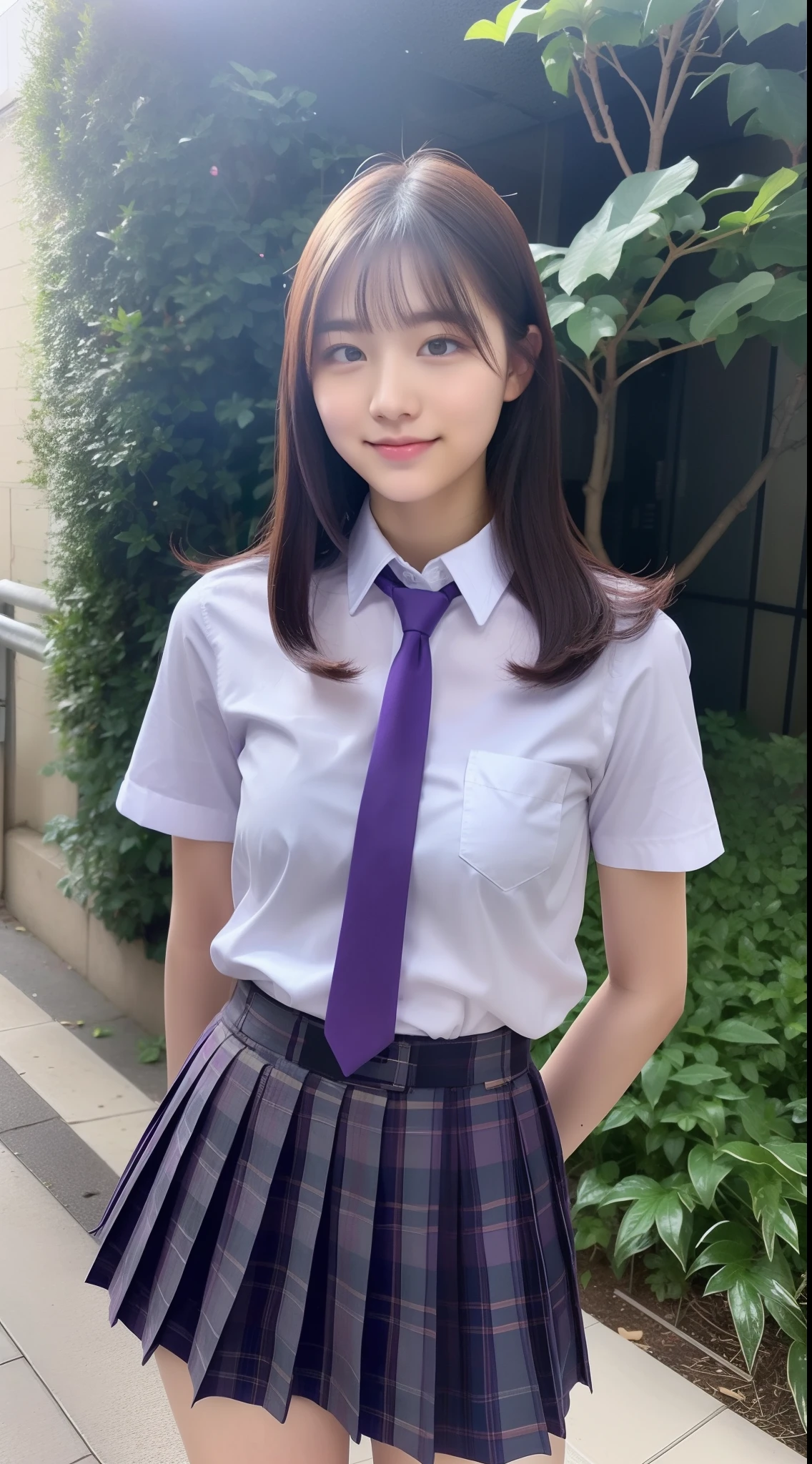 High school girl 18 years old wearing shirt and miniskirt with purple tie