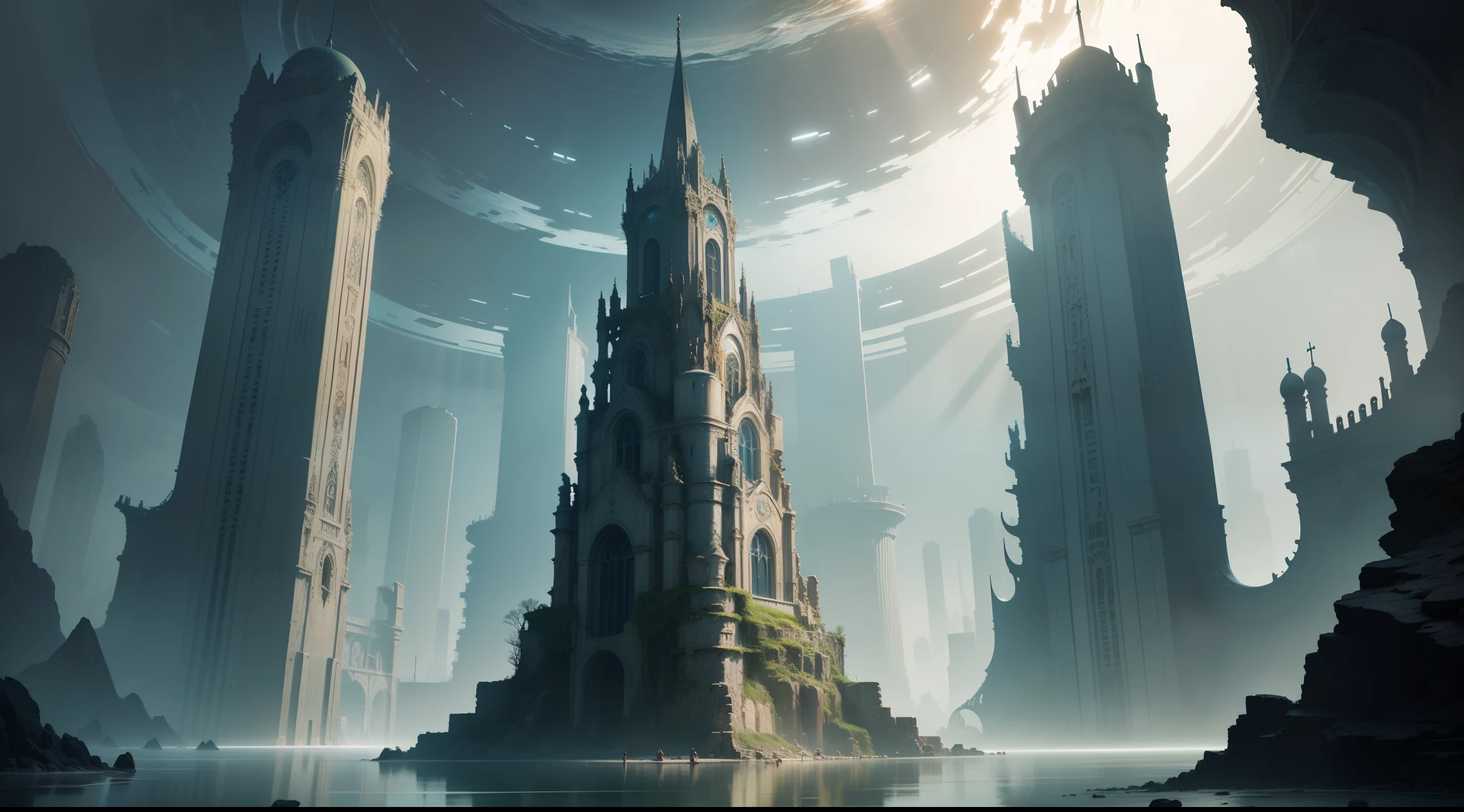 The sunken Atlantis of the deep sea,There are tens of thousands of buildings,Stretches out of sight。On the very center of the disk,There are standing goddesses crying with arms folded