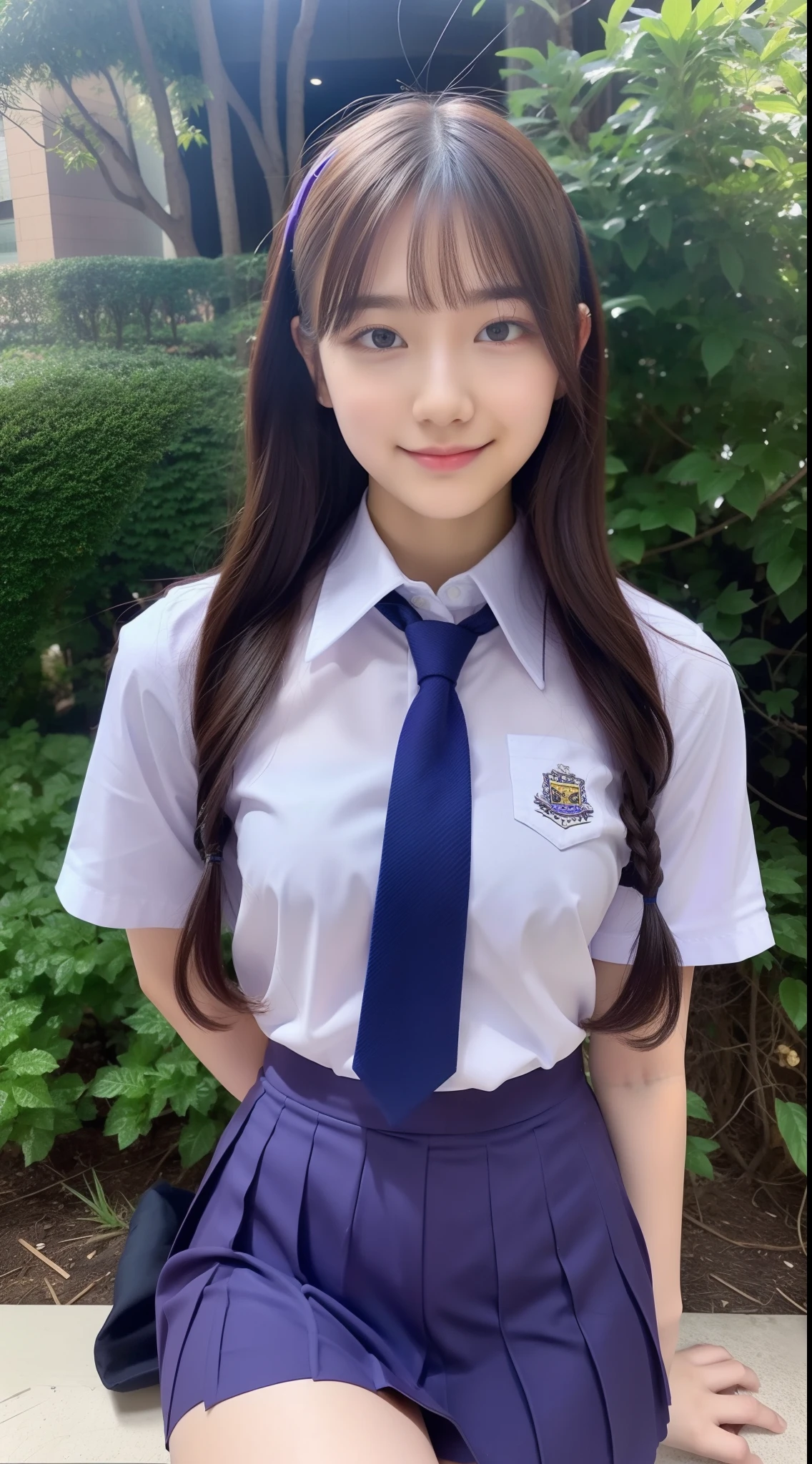 High school girl 18 years old wearing shirt and miniskirt with purple tie