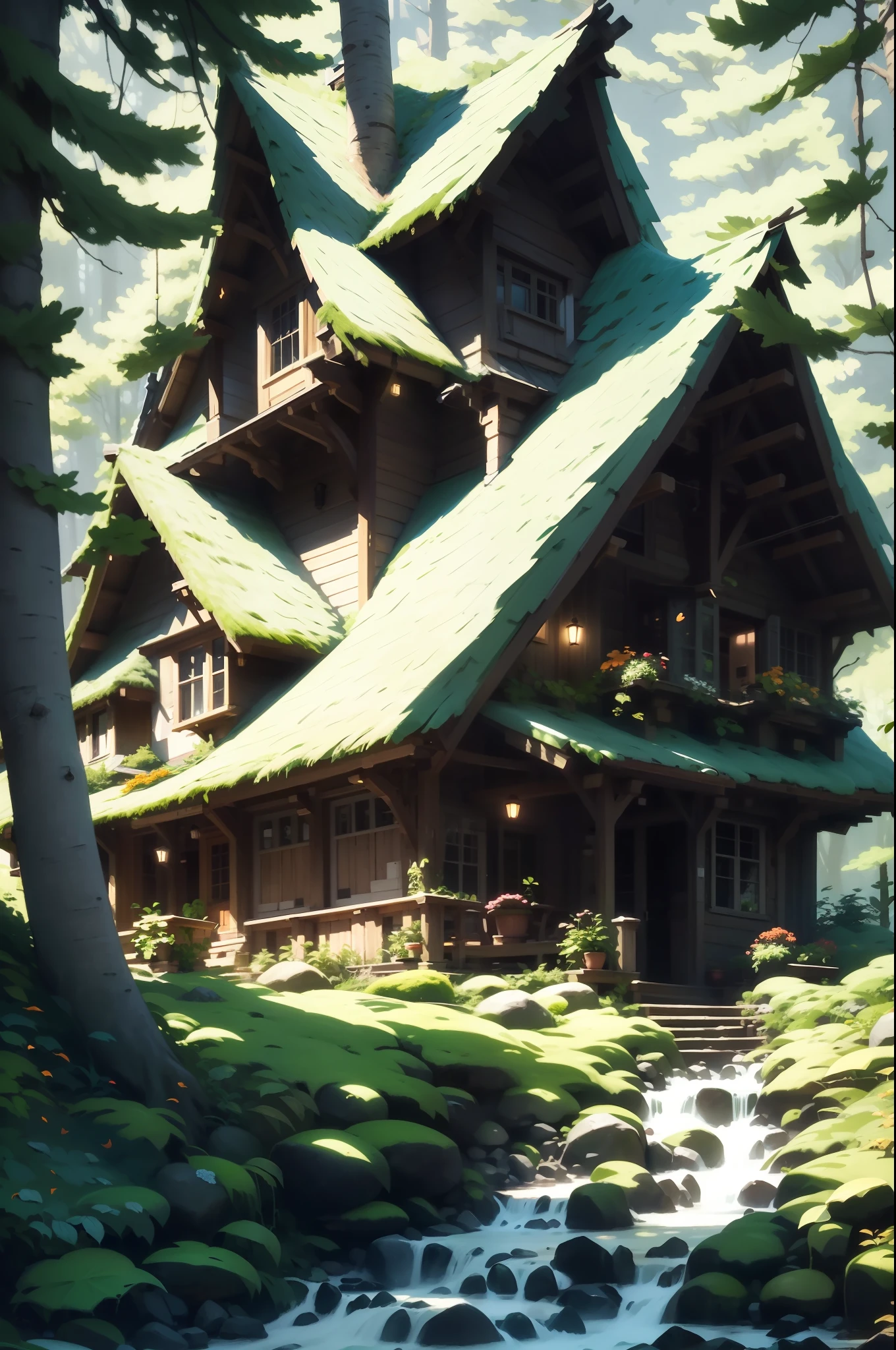 cottage in the forest, Natural light, Falling leaves flutter, Poetic, Warm, floating feeling, Meticulous depiction, Harmonious tones, Minimalist style
