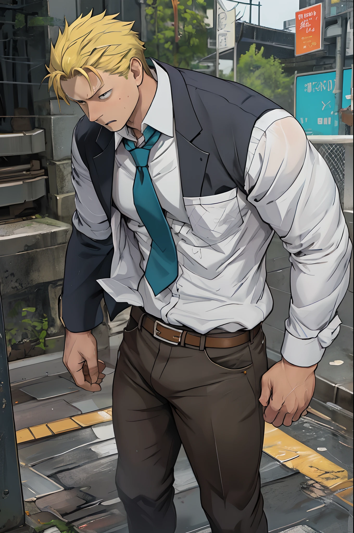 (1 Adult male),A high resolution, Sharp focus, Pixiv masterpiece, ((Complicated details)), highly detailed, natsuki_subaru, 1 man,perfect male figure,Urine on the trouser leg, Nervously bow your head,is shy,embarressed,exhilarated,is shocked,panicking,worry,A pool of urine formed around him,Very eager to pee,Unbearable,Wet yourself,Urine discharge,full bodyesbian,are standing,Tired,decadent, blue color eyes(eyes glowing), Short yellow hair,white shirt,Wear a tie,Wear a belt,trousers,perspire,Drenched,Get wet,pissing,urine flows down the pants,look from down