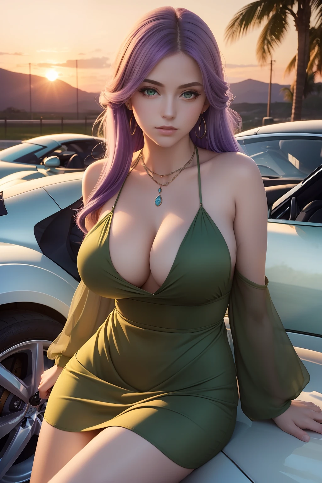 ((masterpiece, best quality)),1girl, green eyes, long light purple hair, sunset, wearing mini olive green dress, leaning against white sports car, cleavage, jewelry