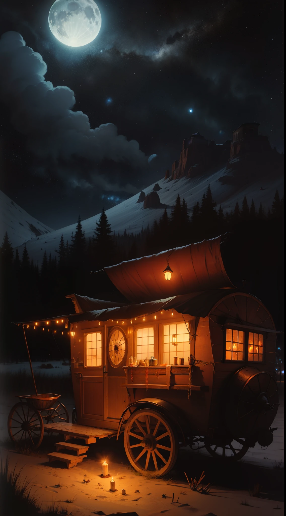 Typical gypsy wagon on a moonlit night lit by a bonfire on the ground and candles, rpg, Fantastic Art, neil gaiman, stardust