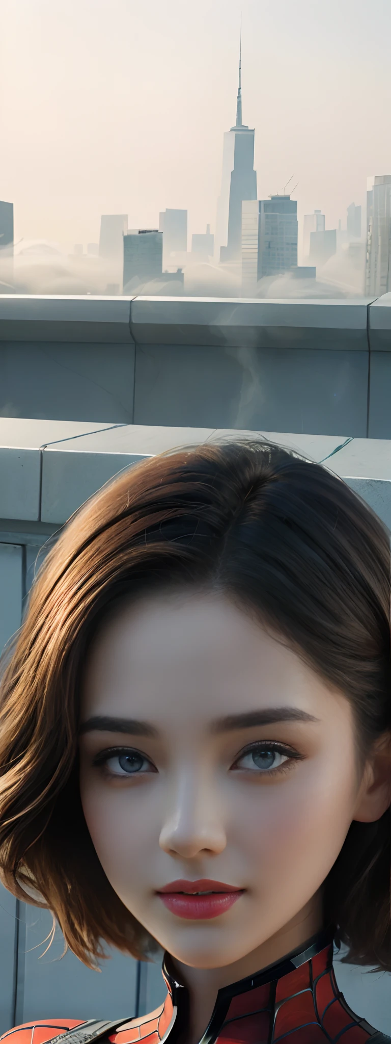 (1girl:1.3), Solo, (((Very detailed face)))), ((Very detailed eyes and face)))), Beautiful detail eyes, Body parts__, Official art, Unified 8k wallpaper, Super detailed, beautiful and beautiful, beautiful, masterpiece, best quality, original, masterpiece, super fine photo, best quality, super high resolution, realistic realism, sunlight, full body portrait, amazing beauty, dynamic pose, delicate face, vibrant eyes, (from the front), She wears Spider-Man suit, red and black color scheme, spider, very detailed city roof background, rooftop, overlooking the city, detailed face, detailed complex busy background, messy, gorgeous, milky white, highly detailed skin, realistic skin details, visible pores, clear focus, volumetric fog, 8k uhd, DSLR, high quality, film grain, fair skin, photo realism, lomography, futuristic dystopian megalopolis, translucent
