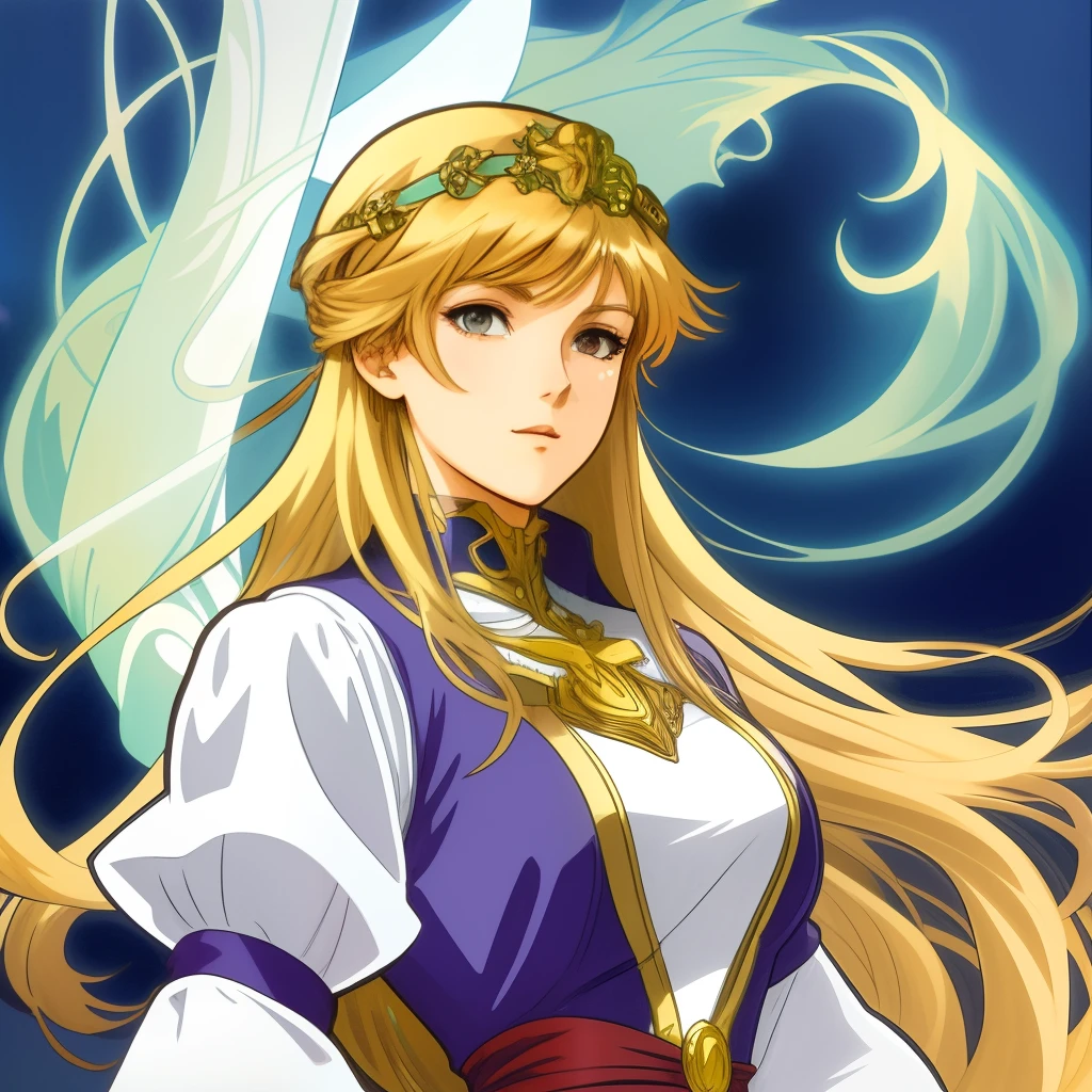 A beautiful female anime hero hero of the light, style of Alphonse Mucha