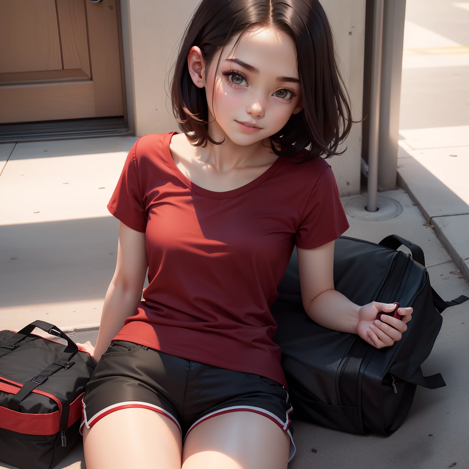 red short sleeves，Black  shorts，teens girl，Head down and play with your phone，dated，perfect bodies，short detailed hair，ssmile