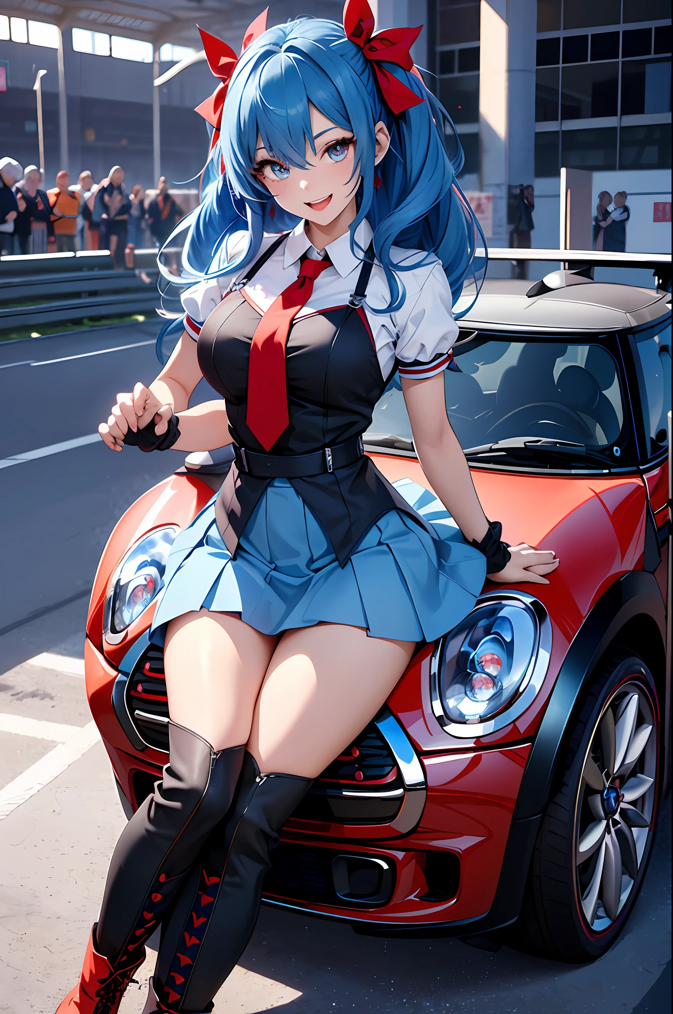 (top-quality、in 8K、32K、masterpiece、UHD、ighly detailed、Photorealsitic:1.2)、Full body, (Circuit field、sports car on the background、Mini:1.4)、sunlights、deep-shadows、Realistic pupils、Sharp pupils、detailed faces and eyes、beauitful face、18Old Beautiful Girl、shinny skin, Beautiful blue hair、Twin-tailed、Red Eyes、beauitful face、Bright lace queen outfit、a miniskirt、Wearing boots、Absolute area、Tie your hair with a big red ribbon、Curve、raise arms、Opens mouth and laughs、