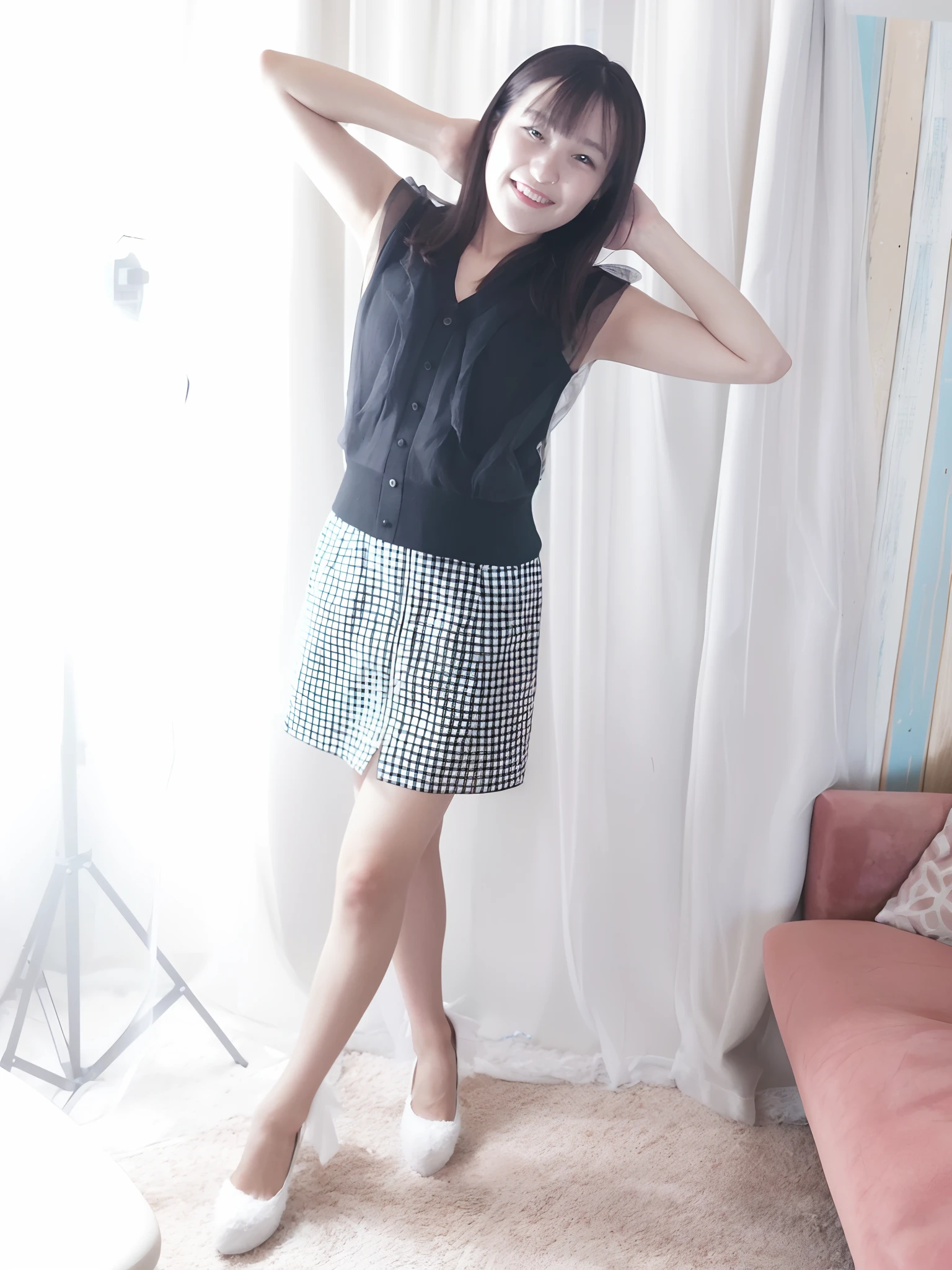 A woman is standing in a room with a pink sofa, taken with a canon eos 5 d, taken with a canon eos 5d, taken with a canon eos 5 d, fully body photo, full pose, FULL BODYSHOT, taken with canon 8 0 d, full body cute young lady, full body portrait shot, fully body photo, Full body! Pretty Face