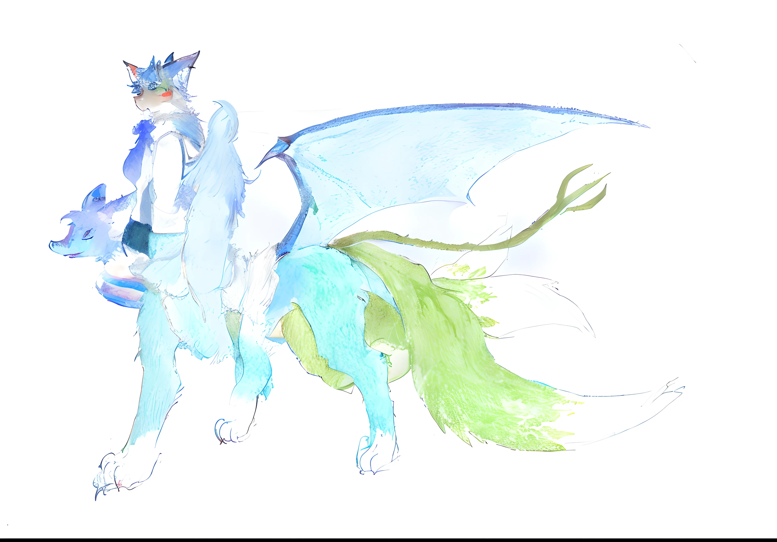 Draw a cat and a dragon fox with wings, young male anthro dragon, nine tail fox, Nine tails, Fox and dragon fusion, Furry rainbow fox dragon, professional furry drawing, Dragon tail, anthropomorphic dragon, cyan and green, furry,Two-body beasts,nine tail fox