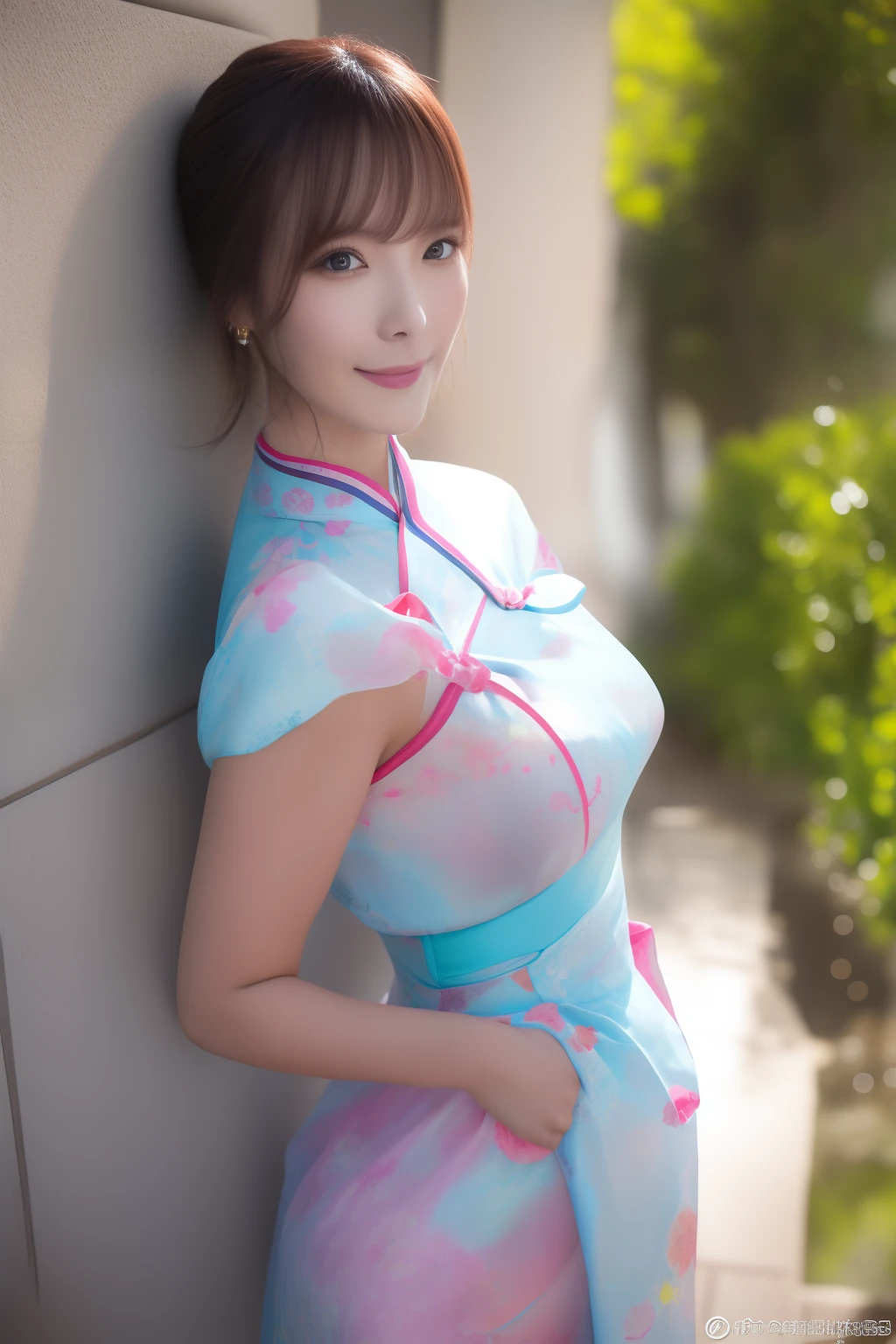 Best quality, best image quality, highest resolution, super detail, cheongsam, short sleeve long cheongsam, cheongsam material is satin, shiny and soft and smooth to the touch, tight cheongsam, no underwear is worn, Chest is C cup, full body shooting so that the face can also enter, the subject is alone, taken outdoors, soaking wet, sweaty,