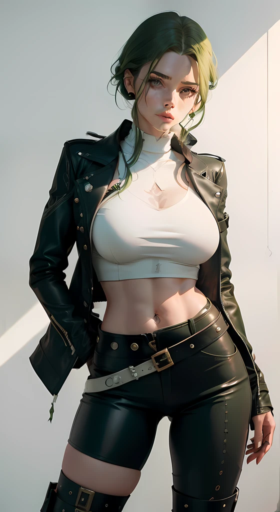 Mulher com cabelo verde escuro, mostrar rosto, olhos verde, cabelo longo em um rabo de cavalo, rosto bonito, alto, atraente, in white top with nothing written on it with a dark green leather jacket over the arms on display and latex pants with a white belt, heeled boots with lots of plant tattoos on the arms and trunk, Mostrar corpo inteiro, tatuagens no abdomen, com peitos pequenos, em cidade steampunk, inverno,