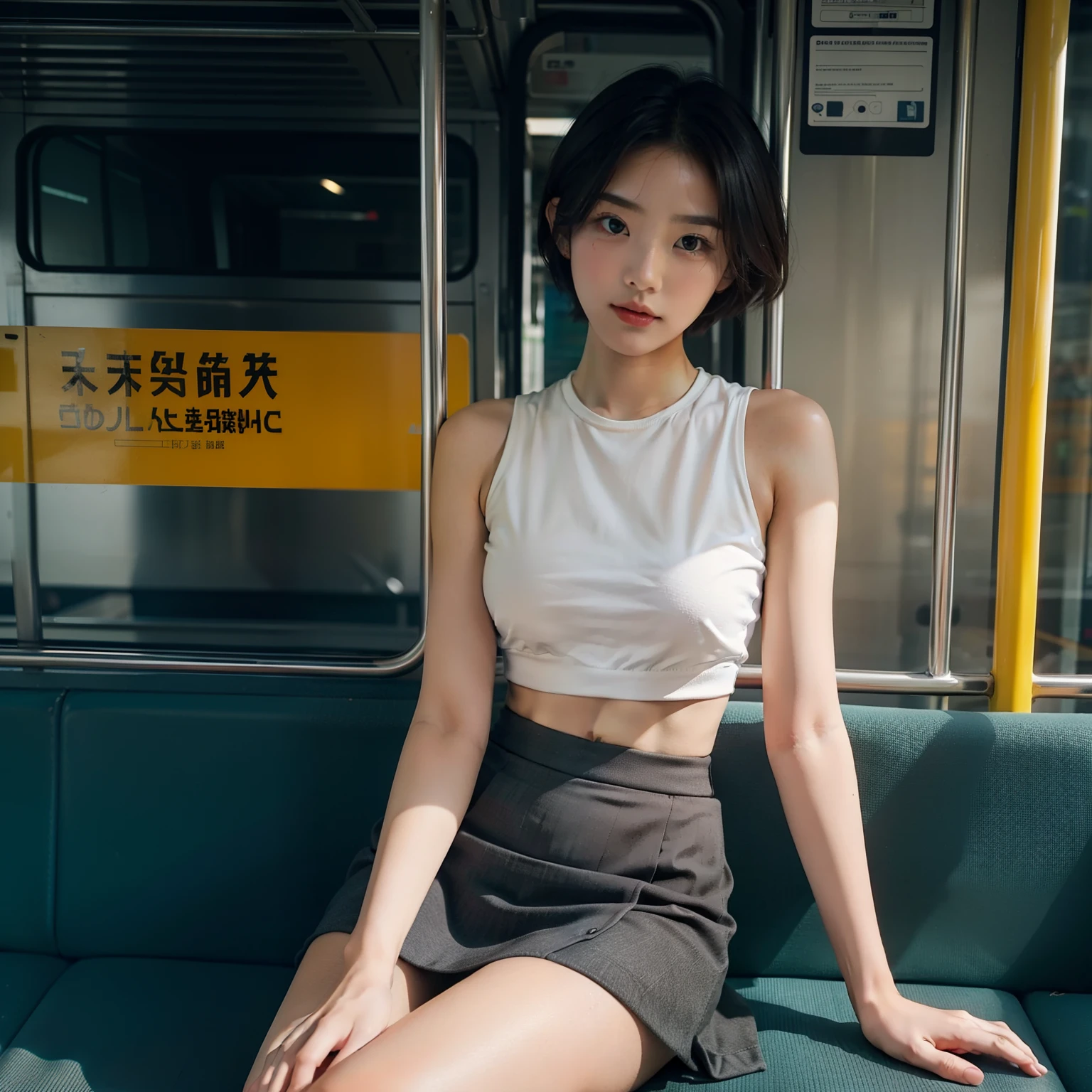 masterpiece, best quality, solo, 1girl, crop top, skirt, short hair, innocent face, sitting on halte bus, halte, bus, beautiful girl, abs, looking at viewer