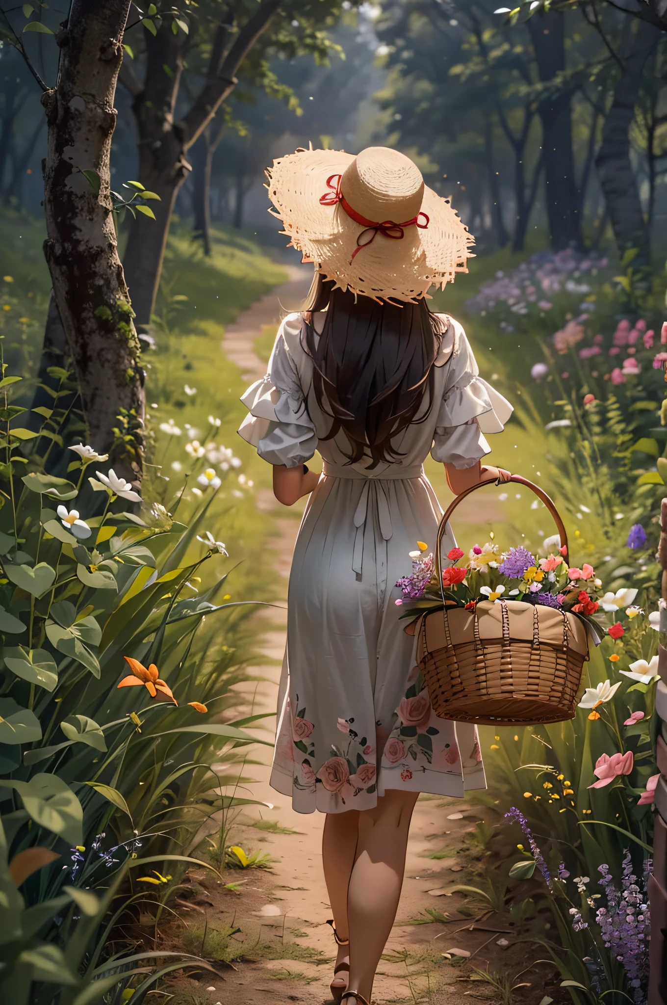 There is a back view of a beautiful girl with a basket walking on a grass path in a dimly lit forest、She wears a straw hat and uses it as a floral hair ornament、At the exit of the forest where she is walking, you can see a paradise of flowers spreading out in the dazzling light.、Looks Back、Masterpiece