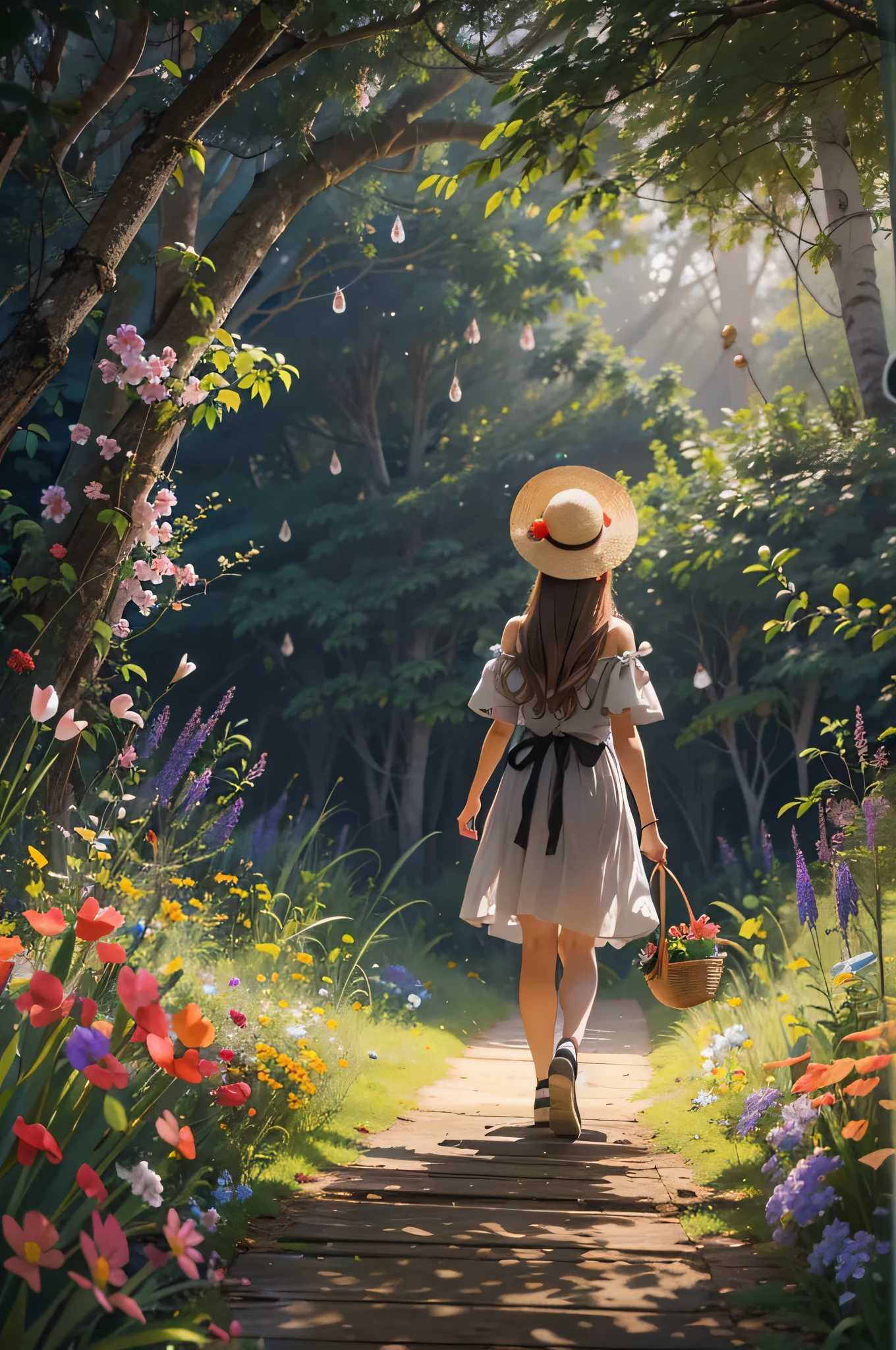 There is a back view of a beautiful girl with a basket walking on a grass path in a dimly lit forest、She wears a straw hat and uses it as a floral hair ornament、At the exit of the forest where she is walking, you can see a paradise of flowers spreading out in the dazzling light.、Looks Back、Masterpiece