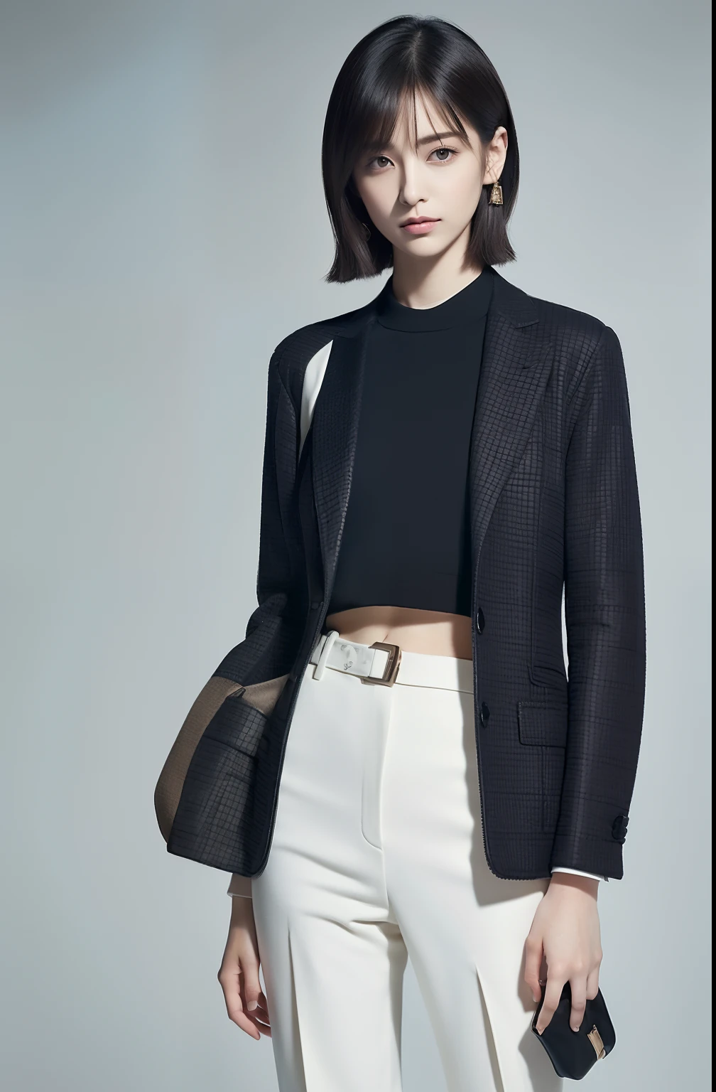 ((masutepiece, of the highest quality, High Definition)),Autumn clothes, Tailored jacket, Slim silhouette, Classic style,Manish makeup, ((Cool short hair :1.2)) Jacket Style,White background, with a pure white background,