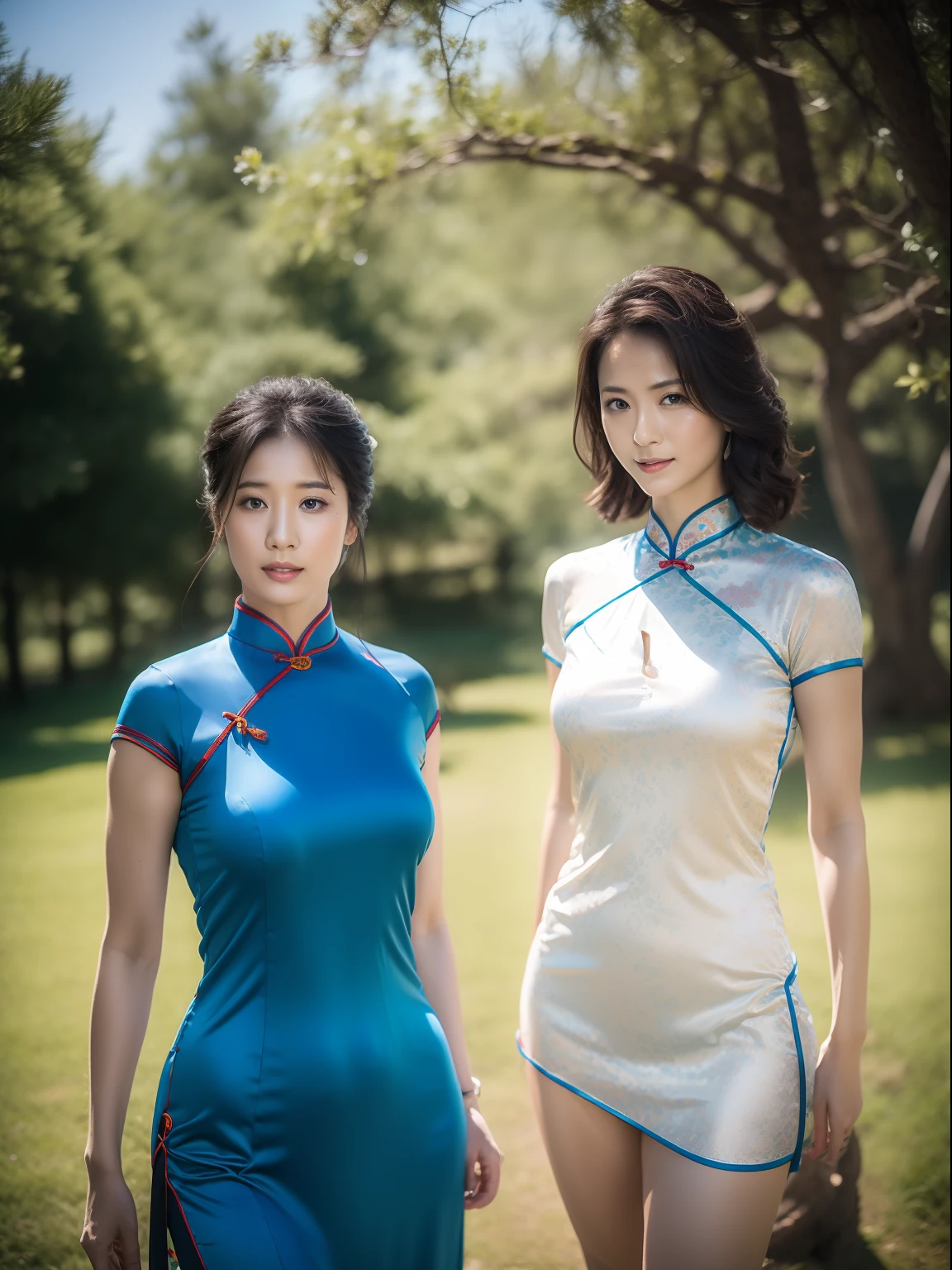 Best quality, best image quality, highest resolution, super detail, cheongsam, short sleeve long cheongsam, cheongsam material is satin, shiny and soft and smooth to the touch, tight cheongsam, no underwear is worn, Chest is C cup, full body shooting so that the face can also enter, the subject is alone, taken outdoors, soaking wet, sweaty,