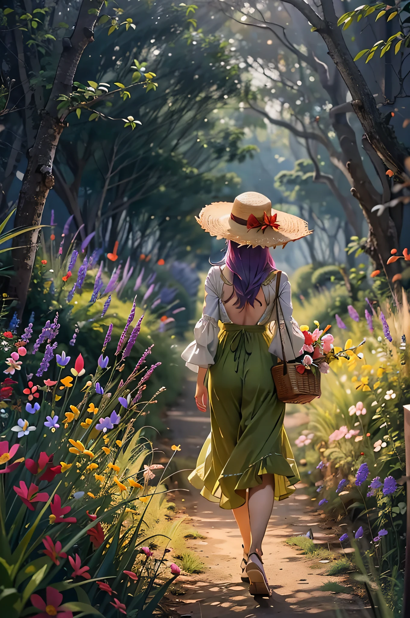 There is a back view of a beautiful girl with a basket walking on a grass path in a dimly lit forest、She wears a straw hat and uses it as a floral hair ornament、At the exit of the forest where she is walking, you can see a paradise of flowers spreading out in the dazzling light.、Looks Back、Masterpiece