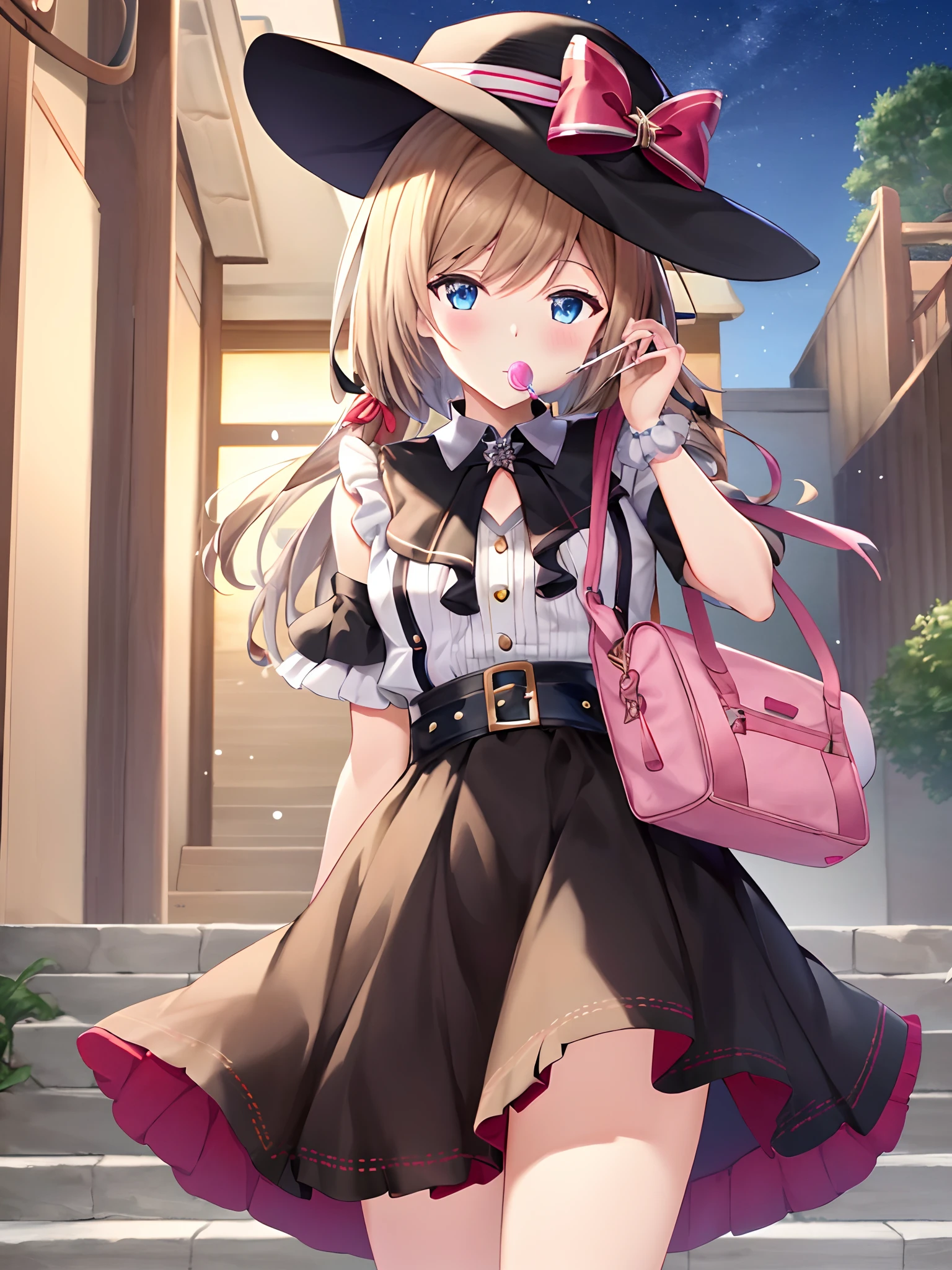 Anime girl posing for photo with hat and purse, Best anime 4k konachan wallpaper, alchemist girl, lollipop, from girls frontline, Fine details. Girl front, nightcore, style of anime4 K, Pisif 3DCG, Pisif, Splash art anime Loli, zerochan art,Stand upright,Legs together
