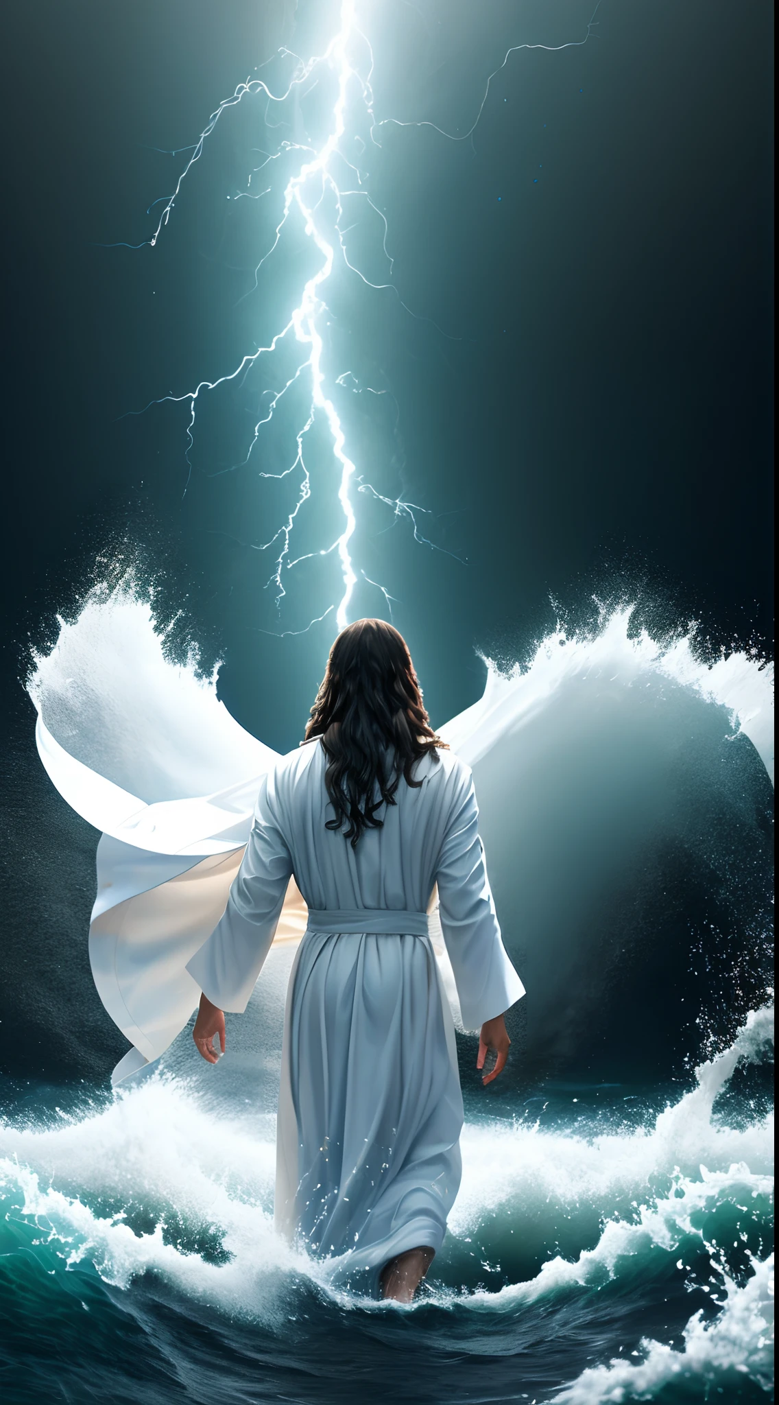 Jesus Christ walking on water in a storm, white robes, waves, soft expression, dark sky with lightning, lightning, photo realism, masterpiece, high quality, high quality, highly detailed CG unit 8k wallpaper, award-winning photos, bokeh, depth of field, HDR, bloom, chromatic aberration, realistic, very detailed, trend in CGsociety, complex, high detail, dramatic, volumetric lighting