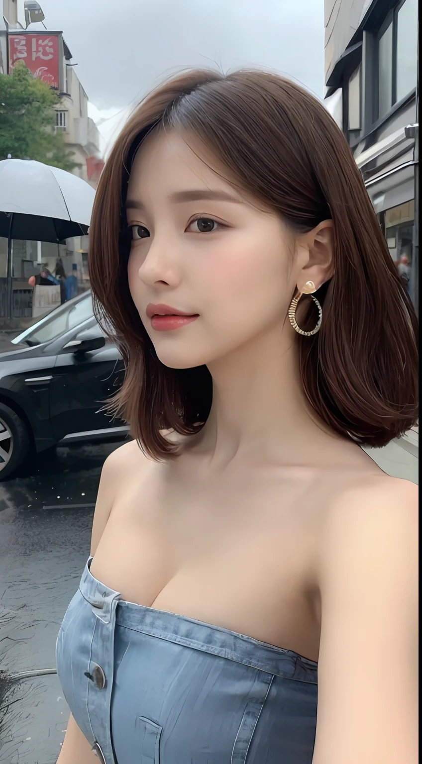 ((Best Quality, 8k, Masterpiece: 1.3)), Focus: 1.2, Perfect Body Beauty: 1.4, Buttocks: 1.2, ((Layered Haircut, Flat Chest: 1.2)), (Rain, Street:1.3), Bandeau Dress: 1.1, Highly Detailed Face and Skin Texture, Fine Eyes, Double Eyelids, Whitened Skin, Long Hair, (Shut Up: 1.3), Full Body