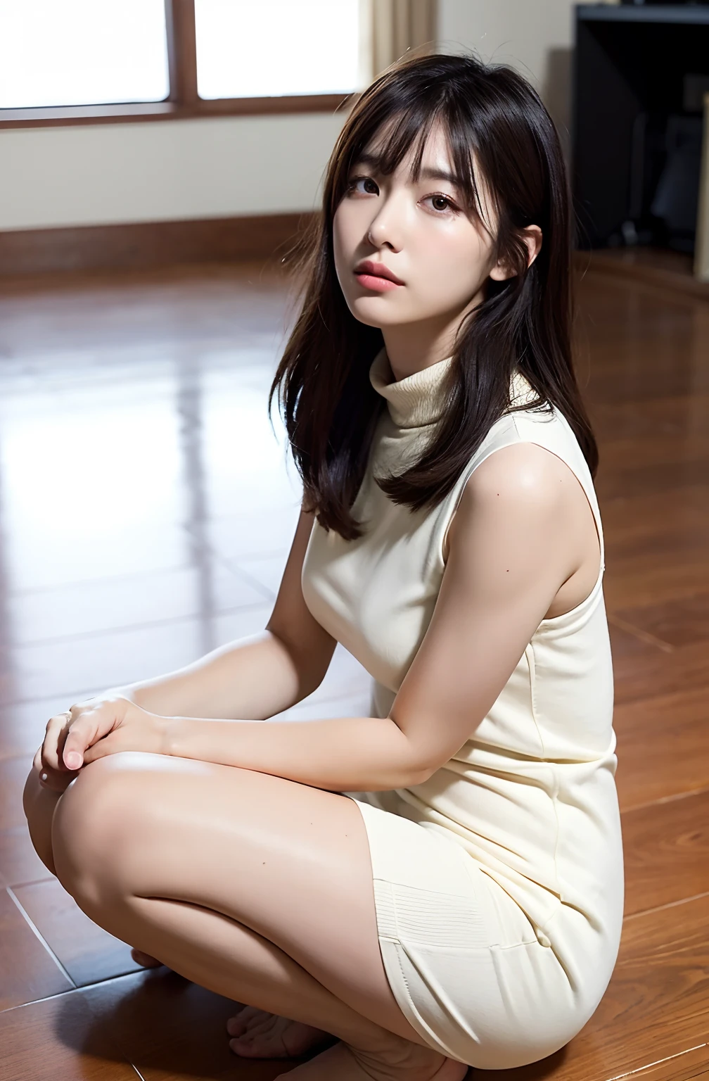 8K、top-quality、masterpiece、超A high resolution、a picture、beautiful japanese female(pleasing:1.1) 、Elegance、There is a good、Beautiful face、Gradient lighting、1girl in、Delicate skin、Look into the distance、Brown-eyed、short hair with bangs、(breasts are large:1.0)、(medium areola:0.8)、(realisitic:1.4)、(top-quality:1.0)、(超A high resolution:1.0)、8K、Raw photography、(masterpiece:0.2)、(pureerosface_v1:0.5)、Contrast Trim Polo Neck Bodycon Dress、Onepiece、Polo shirt style dresses、Super Mini Length、the skirt is short、Futomo、cotton clothes、Mini dress、Collared dress、no sleeves、Sleeveless、Tight、barechested、cotton clothes、no sleeves、Sleeveless、want me、Take your eyes off、Late Night Office、darkened room、overtime、deep in the night、mid night、total darkness、subject、Lean、Look here、Ass big、a large bust、Kinda chubby、Bangs shed to the side、big butts、neat and well-groomed hairstyle、Bring your chest together、Feels、Mouth slightly open、Brown clothes、Angle from the side、a necklace、crouching down、Squat down and look here、Ass big、Futomo、Squatting on the ground、sit in、Opening legs、Open Ashi、pantiy、Open both legs、s ass、deep in the night、look down from above、No person、murky、aisle、Documents are scattered on the floor、A lot of documents on the floor、Scattered documents、