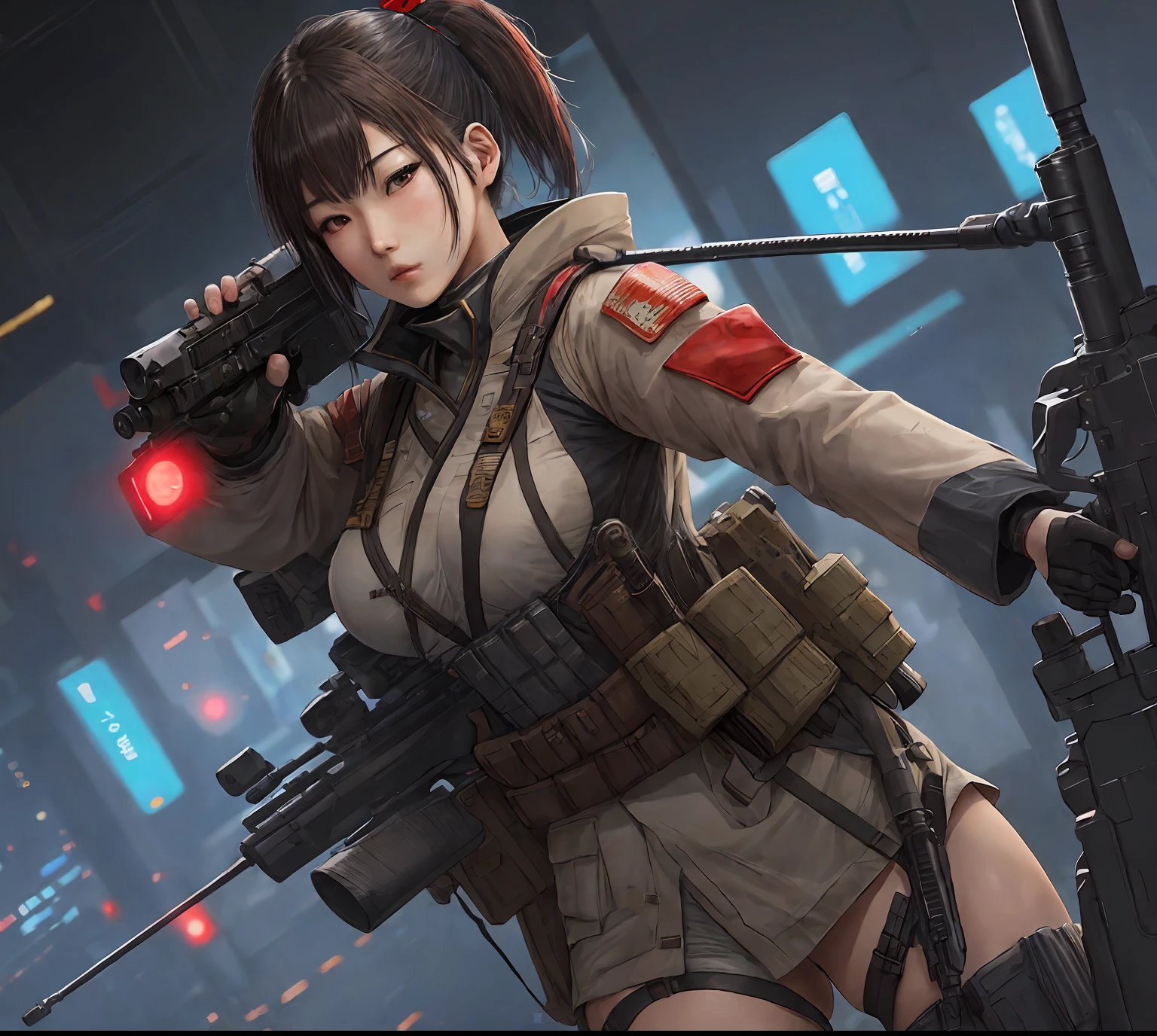 A Japanese pretty woman, cyberpunk , wearing a contemporary civil war outfit, a sniper assassin, with a rifle on her back