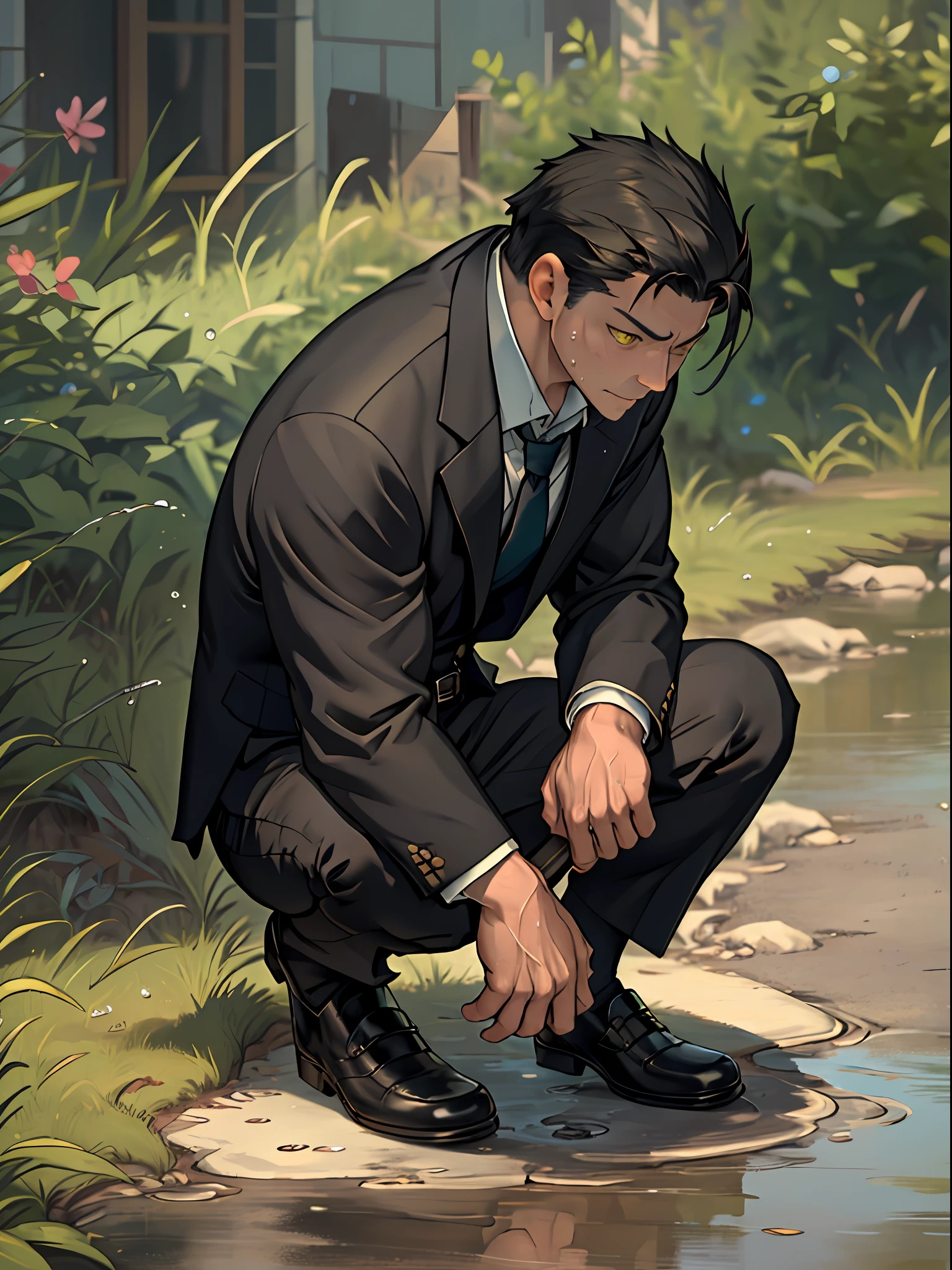 A3R1, Hector Fey ,Multi-view upper body, Suit pants view,legs separated,A3R1,pissing,Pee yourself,His own urine ran down his thighs,perfect male figure, Aerith Gainsborough ,The suit trousers are wet,Urine running down the leg of the trousers,Yellow eyes,Half squat,legs separated,Can't hold back urine,wants to pee,Wear a tie,wearing leather belt,Long Sleeve White Shirt,(The shirt is soaked),Black hair short hair,perspire,Black suit trousers,dress shoes,Nervously bow your head,is shy,embarressed,exhilarated,is shocked,panicking,worry,exteriors,On dry ground, A small puddle of his own urine formed around his feet,half squatting,Very eager to pee,Unbearable,Can't hold back to urinate,Urine flows from the crotch to the leg,incontinence,It's uncomfortable,Very anxious,Sweat runs from the crotch,Wet yourself,urinating,high detal,hentail realism,ultra-realistic realism,three sided view, A masterpiece of careful planning,A high resolution, hyper HD ,anatomy correct,super detailing,best qualtiy,A high resolution,8K