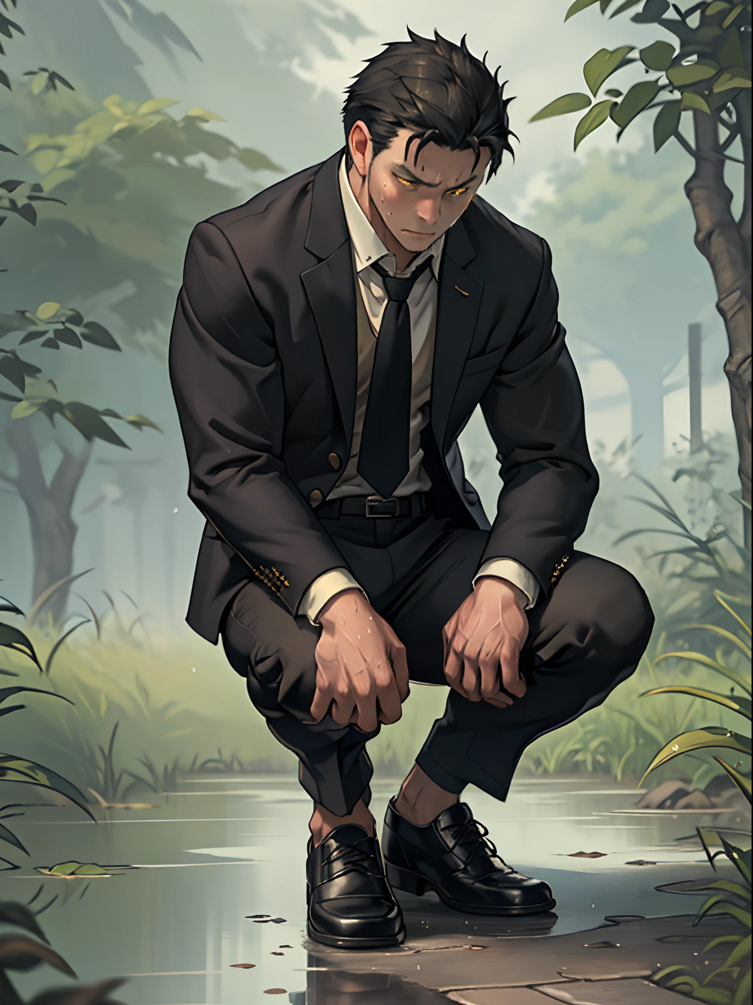 A3R1, Hector Fey ，Multi-view upper body， Suit pants view，legs separated，A3R1,pissing，Pee yourself，His own urine ran down his thighs，perfect male figure， Aerith Gainsborough ,The suit trousers are wet，Urine running down the leg of the trousers，Yellow eyes，Half squat，legs separated，Can't hold back urine，wants to pee，Wear a tie，wearing leather belt，Long Sleeve White Shirt，（The shirt is soaked），Black hair short hair，perspire，Black suit trousers，dress shoes，Nervously bow your head，is shy，embarressed，exhilarated，is shocked，panicking，worry，exteriors，On dry ground， A small puddle of his own urine formed around his feet，half squatting，Very eager to pee，Unbearable，Can't hold back to urinate，Urine flows from the crotch to the leg，incontinence，It's uncomfortable，Very anxious，Sweat runs from the crotch，Wet yourself，urinating，high detal，hentail realism，ultra-realistic realism，three sided view， A masterpiece of careful planning，A high resolution， hyper HD ，anatomy correct，super detailing，best qualtiy，A high resolution，8K