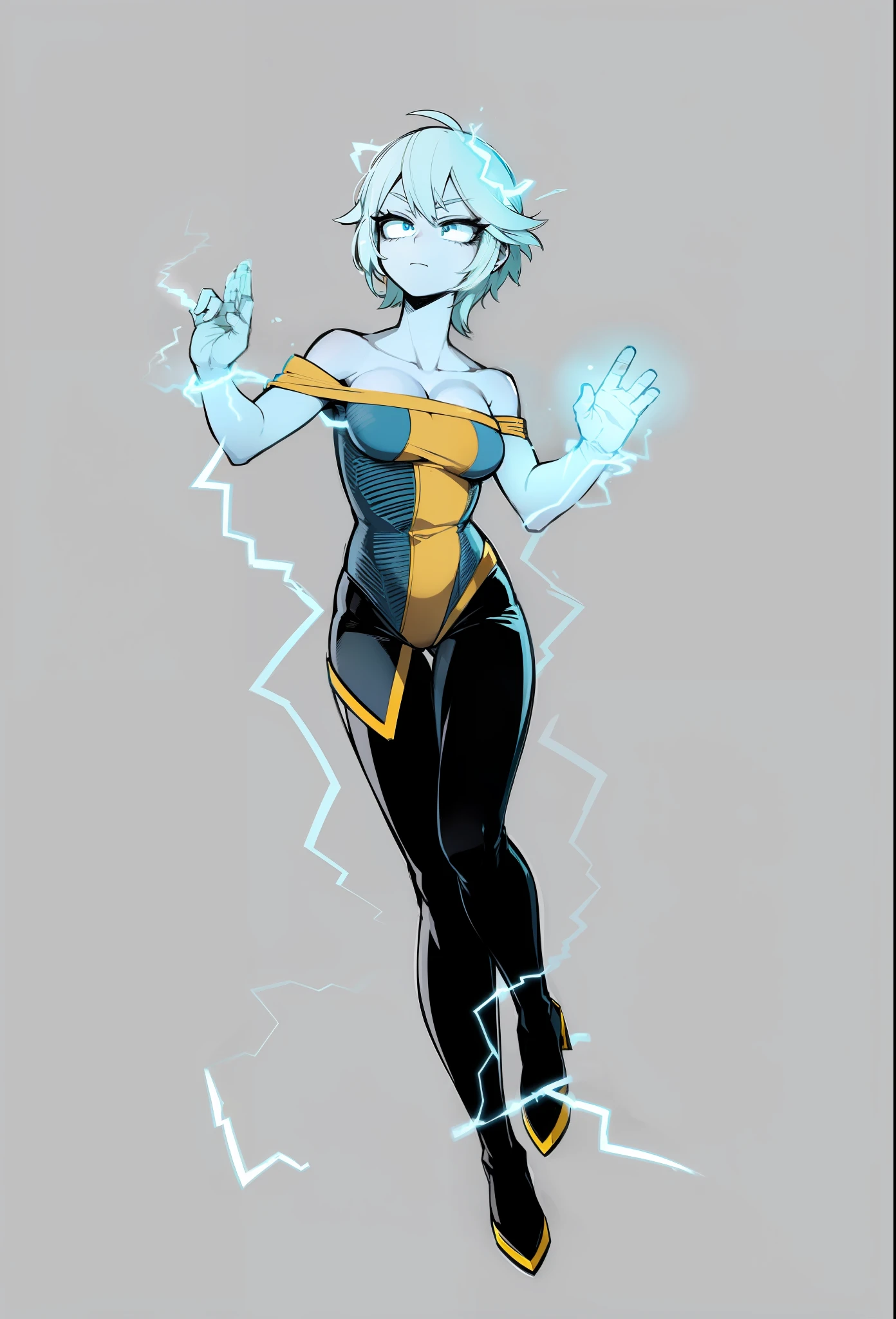 My Hero Academia style, anime Girl, female, trending on artstation pixiv, (Full body Shot:0.5), Perfect Anatomy, Super Detailed, hero costume, full body suit, wide thighs, wide hips, Large breast, Blue body, electric skin, electricity, blue electricity, electricity surrounding the body, electricity,