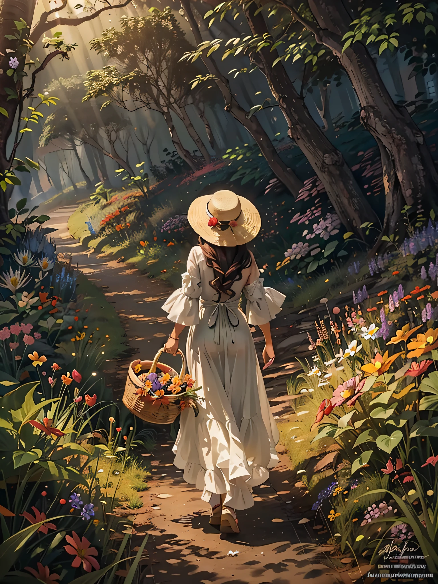 There is a back view of a beautiful girl with a basket walking on a grass path in a dimly lit forest、She wears a straw hat and uses it as a floral hair ornament、At the exit of the forest where she is walking, you can see a paradise of flowers spreading out in the dazzling light.、Looks Back、Masterpiece