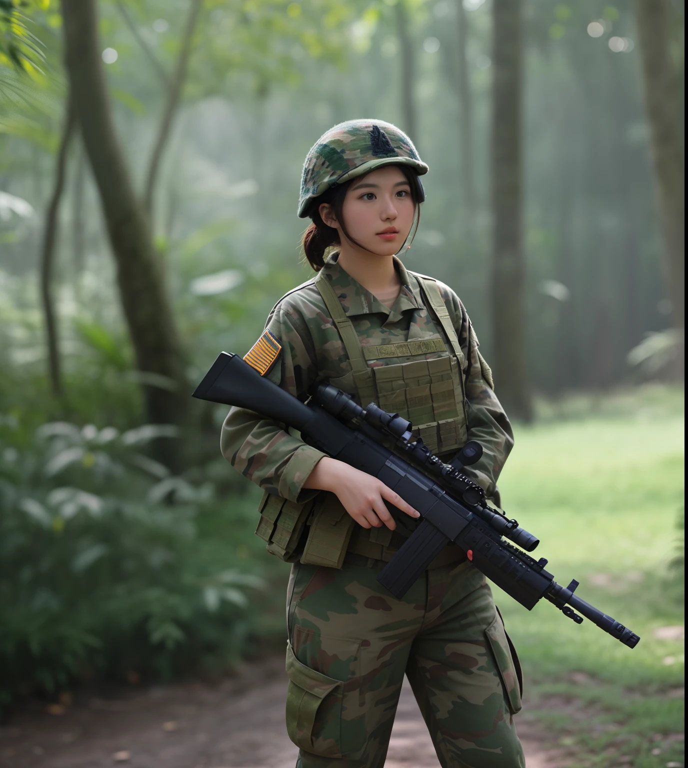 Comando de las Fuerzas de Operaciones especiales en la jungla, Armed with Gallill rifle in combat position ready to attack, imagen de cuerpo. completo, gran angular, octanaje renderizado, detalles intricados, Volumetric lighting, efecto de vidrio roto, imagen en 3D, resolucion 32K. Estilo: photographic: Lente 50 mm, apertura F 2.5