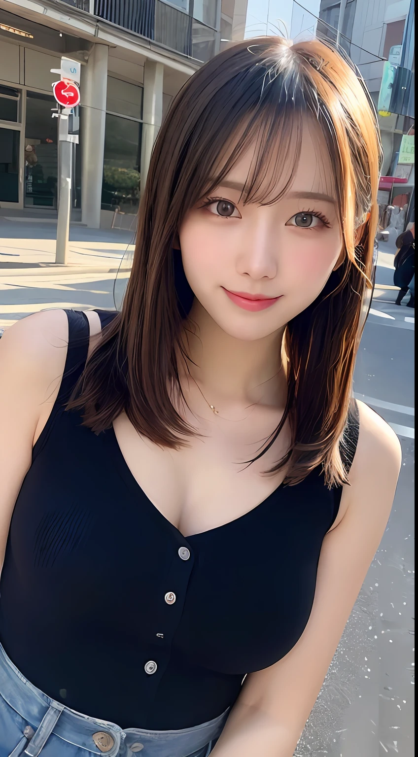 masutepiece, Best Quality, Illustration, Ultra-detailed, finely detail, hight resolution, 8K Wallpaper, Perfect dynamic composition, Beautiful detailed eyes, doress,Medium Hair, Big breasts, Natural Color Lip, Random and sexy poses,Smile,Aoyama Street Walk、20 years girl