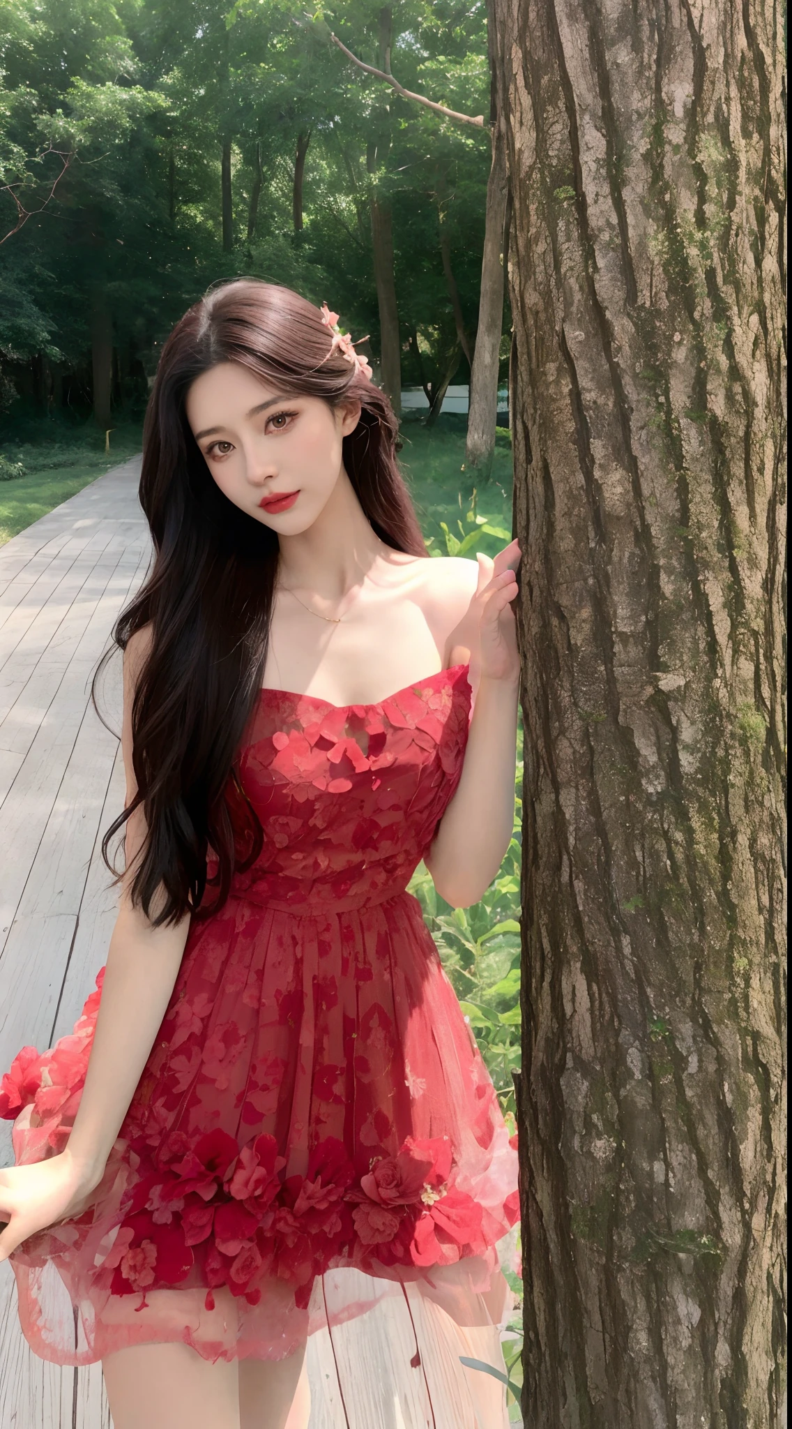 Araki woman in red dress leans against a tree, ulzzangs, Romantic dress, Red floral dress, pale red, belle delphine, girl wears a red dress, Beautiful girl model, Very beautiful girl, Beautiful model girl, cute beautiful, Bandeau Dress, red waist-long hair, fairy core, floating dress, beautiful lovely, shaxi
