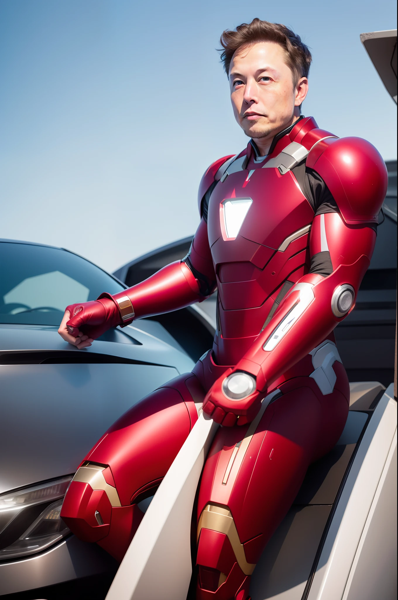 1man, Elon Musk as Ironman, no mask, thigh up, muscular, 8k