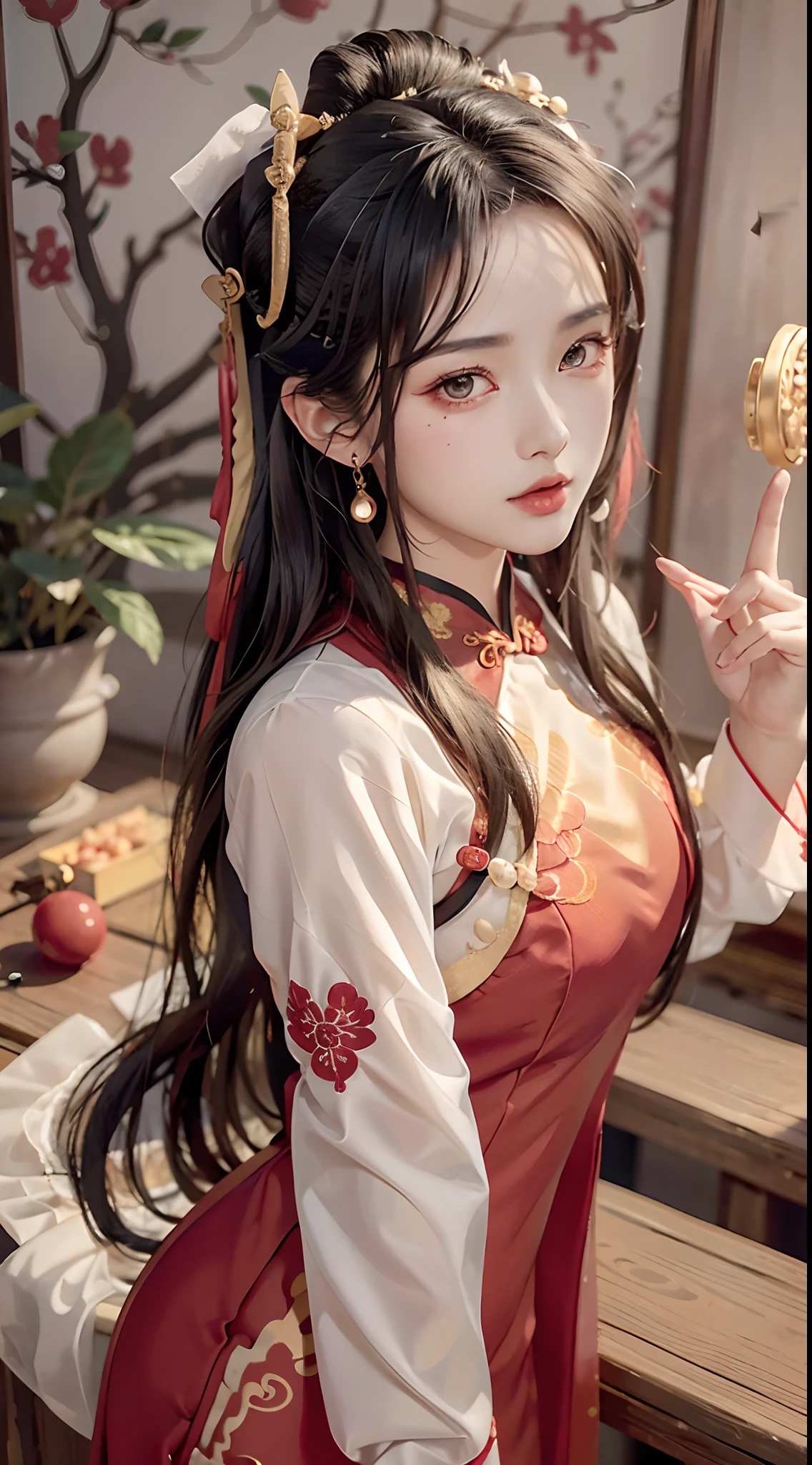 (8K, RAW photo, Photorealistic:1.25) ,( Gloss on lips, eyeslashes, gloss face, Glossy glossy skin, best qualtiy, 超高分辨率, depth of fields, color difference, Caustics, Wide light, naturalshadow, Kpop idol) Being in the room,European style,sitted,sliver long hair,red-white qipao,Red trim,Medium chest detail,8K resolution,超高分辨率,A young girl, A cute girl,short detailed hair,hair-bun,lipsticks,Tassel earrings,choker necklace,Black clear eyes,Smooth hair,鎖骨,Exquisite and perfect facial features, the most beautiful big eyes,Long eyelashes,The eyes are sweet and there are lying silkworms,dynamic angle,Extreme picture quality,Highest precision,Precise and perfect human anatomy,(((Antique red and white Hanfu,gold embroidery))),((sitted)),Warm scene,超高分辨率,Ultra-clear vintage black flowing hair,Delicate bun)By bangs,(Long flowing hair,With a bun:1.3)),Delicate collarbones,beautiful make up,Exquisite and perfect facial features,,Big watery eyes,Lying silkworm,Long eyelashes,The eyes are sweet and have eye shadow,Slim waist,Do not show your hands,,lipsticks,Blushlush,Delicate earring earrings,pearls necklace