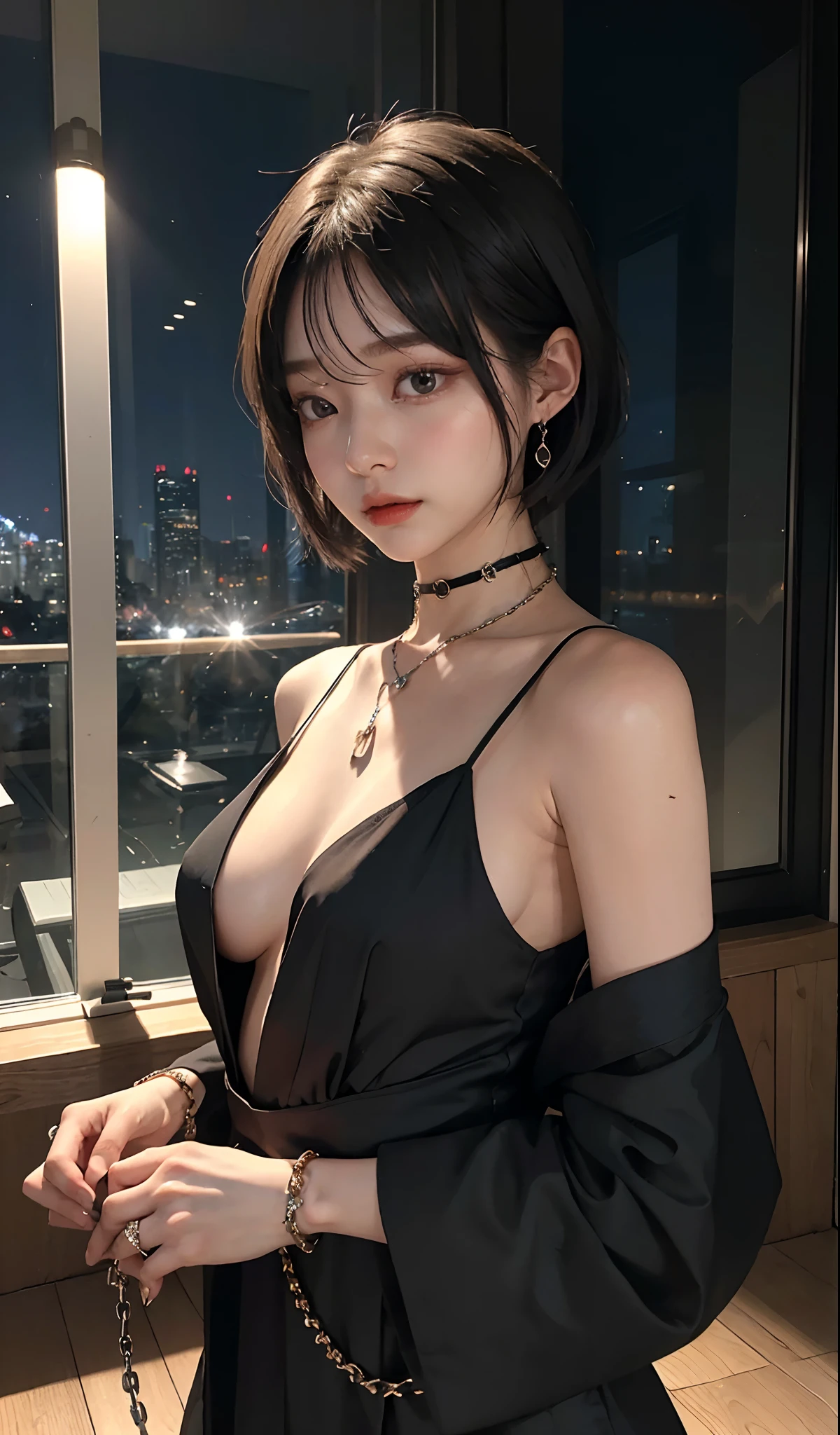 (natta)、((top-quality、​masterpiece:1.3))、sharp:1.2、Perfect Body Beauty:1.4、((Layered hairstyle))、(Black Dress:1.3)、(nighttime scene:1.2)、(chains:1.3)、Highly detailed facial and skin texture、Detailed eye、二重まぶた、((short-length hair))、boyish、Cool、((unisex))、big eye、Necklaces、bangss、((One Woman))、Black eyes、A bracelet、a choker、Ring、Chain Accessories、Farbe々From an angle、Cuffed、