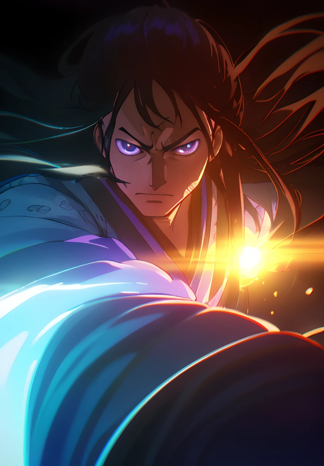 1boy, wanostyle, masculine, yoriichi, purple jacket, black hair, long hair, flowing hair, serious, calm, samarai kimono, raggedy clothes, hyper-realistic, hyperreal photography, highly detailed, art design photography, cinematic lighting, intricate, 8k, HD, cinematography, photorealism, unreal engine, film, portrait photography, hyper-detailed, Insane detail, Intricate Detail, Film, Editorial Photography, Photography, Photoshoot, DOF, White Balance, 32k, Super Resolution, Megapixels, ProPhoto RGB, Halfrear Lighting, Backlight, Natural Lighting, Incandescent, Fiber Optic, Cinematic Lighting, Studio Lighting, Soft Light, Volumetric, Lighting, Accent Lighting, Global Illumination, Screen Space Global Illumination