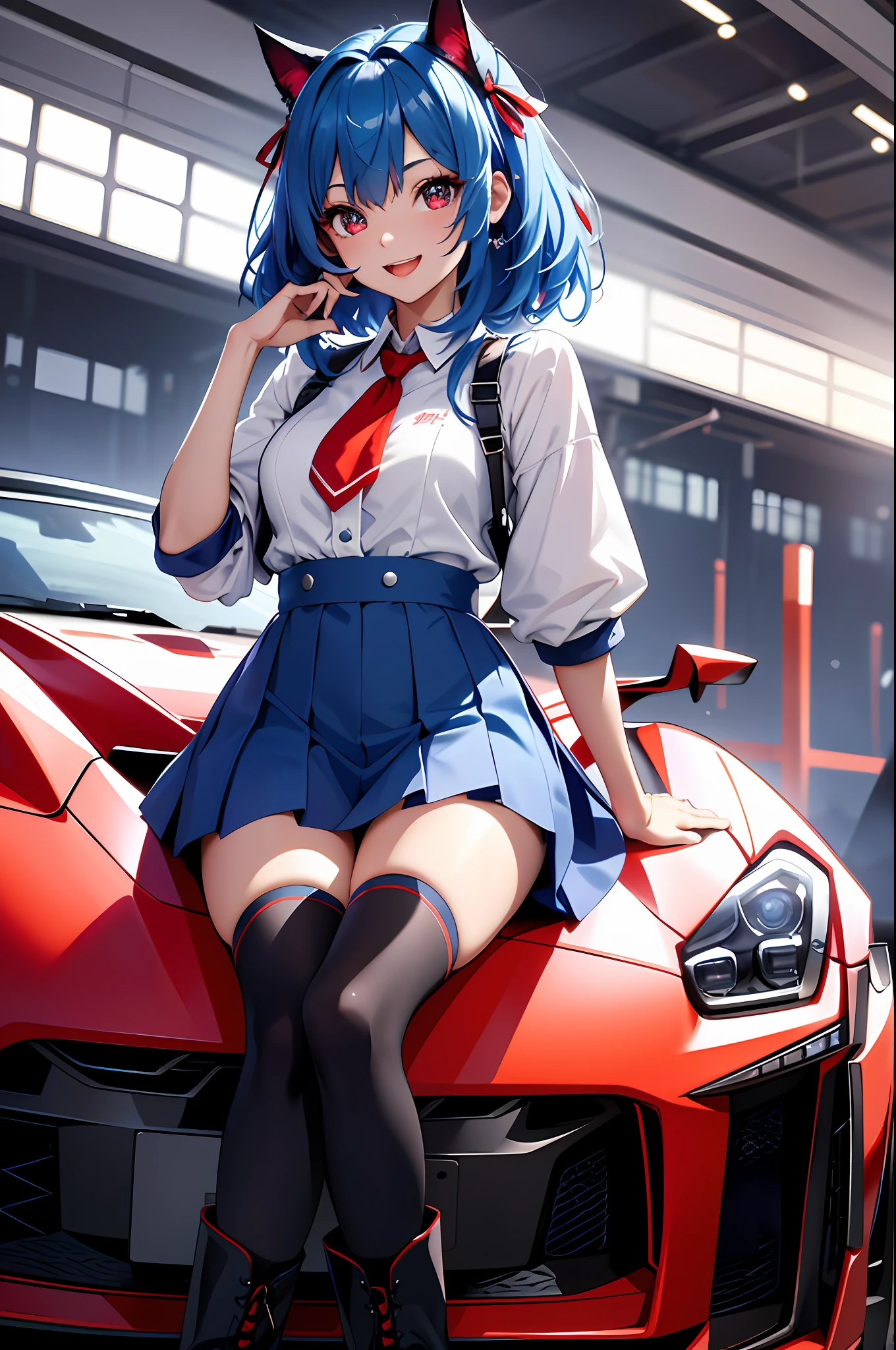 (top-quality、in 8K、32K、masterpiece、UHD、ighly detailed、Photorealsitic:1.2)、Full body, (Circuit field、sports car on the background、GT-R:1.4)、sunlights、deep-shadows、Realistic pupils、Sharp pupils、detailed faces and eyes、beauitful face、18Old Beautiful Girl、shinny skin, Beautiful blue hair、Twin-tailed、Red Eyes、beauitful face、Bright lace queen outfit、a miniskirt、Wearing boots、Absolute area、Tie your hair with a big red ribbon、Curve、dynamicposes、Opens mouth and laughs、