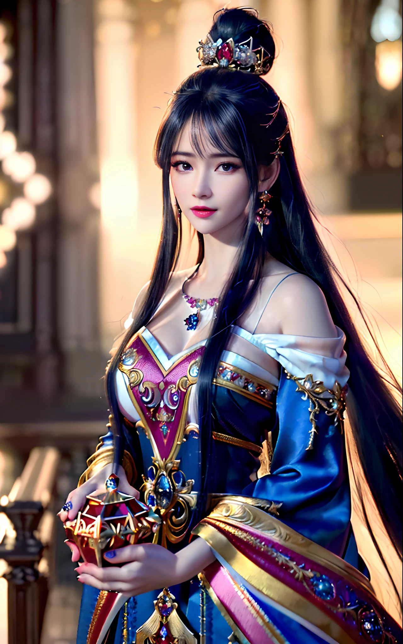 ((realisticity: 1.2)), ((realistic: 8K UHD)), ((best resolution: 8K UHD)), hyper detailed, best quality,masterpiece,highres,cg, ((1 girl hyper detailed and hyper realistic) ) , ((beautiful queen, hyper realistic and hyper detailed)),((white skin, beautiful, smooth, youthful, hyper realistic and hyper detailed )), ((Face hyper beautiful, white, hyper realistic and hyper detailed ) ), long hair, ((hyper realistic and hyper detailed dress)), solo, ((hyper realistic, hyper beautiful, beautiful and hyper detailed jewelry)), ((hyper beautiful deep red and golden yellow dress, hyper realistic and hyper detailed )) , ((Her pretty, hyper realistic, hyper detailed diamond filled earrings)), ((Her gorgeous diamond haircut, hyper realistic and hyper detailed)), ((hyper pretty upper body, hyper beautiful, hyper realistic and hyper detailed) ), ((medium breast: 1.5)), ((hyper realistic, hyper pretty, hyper detailed boobs)), ((the backgroun of the royal palace is hyper majestic, hyper realistic and hyper detailed)),((hands and palms hyper beautiful, hyper detailed, hyper realistic)), ((hyper pretty, hyper pretty, hyper realistic and hyper detailed hair bun)), ((hyper pretty , hyper realistic and hyper detailed blue hair)), candid, Photo, high resolution, 8k , bokeh,