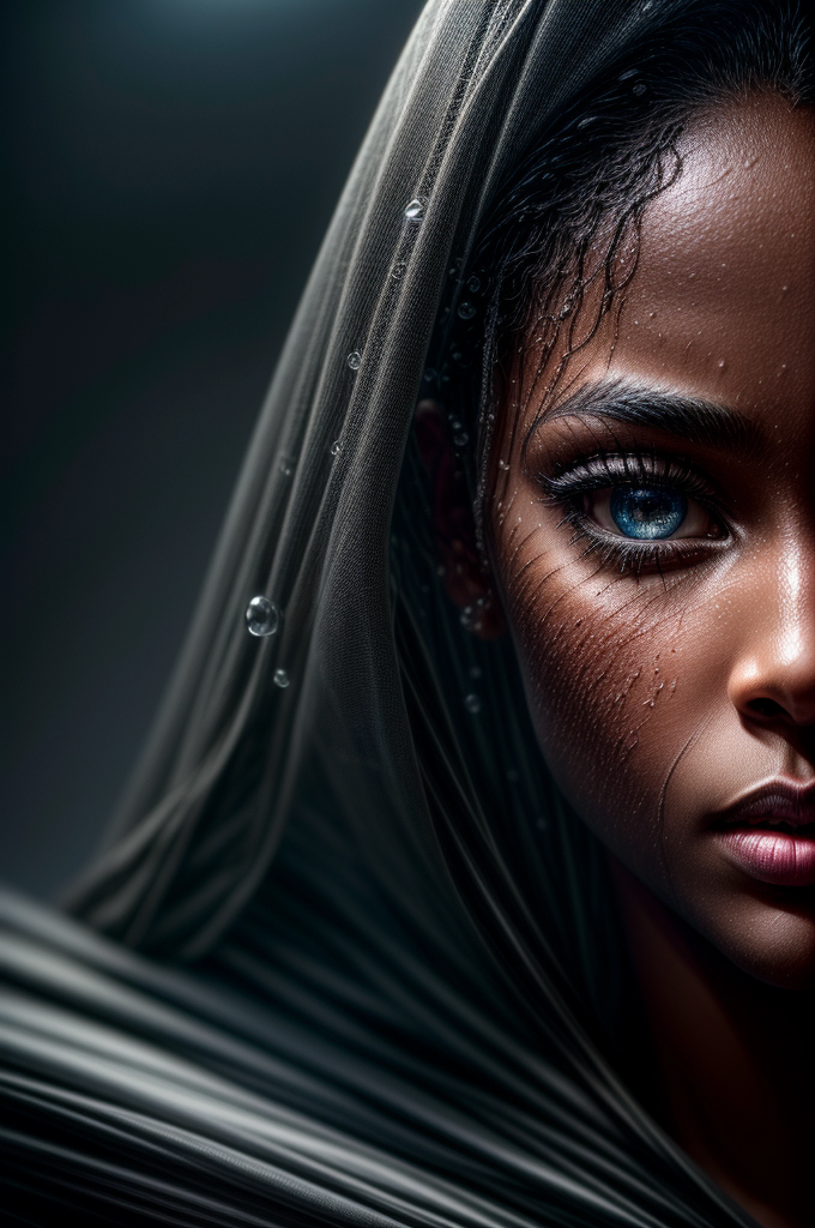 (sharp focus:1.2), an award winning photo of an (stunning ebony woman), water droplets, thunderstorm outside, lightning back lighting, lines on face, wrinkles, extremely detailed skin, sadness, hopelessness ,cloudy eyes, (deep shadows:1.1), high contrast, beautiful eyes, absurdres, 8k, (high quality:1.3),artstation hd, concept art, detailed face and body, award-winning photography, (moody lighting:1.2), depth of field, bokeh, 4K, HDR