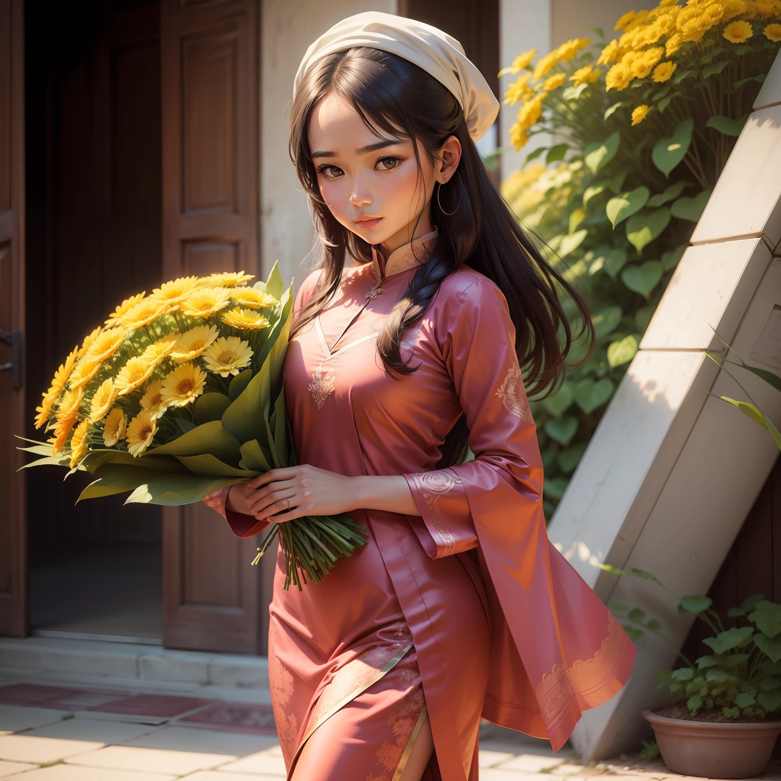 Draw a beautiful girl wearing Myanmar suit and holding a bunch of flowers in her hand.