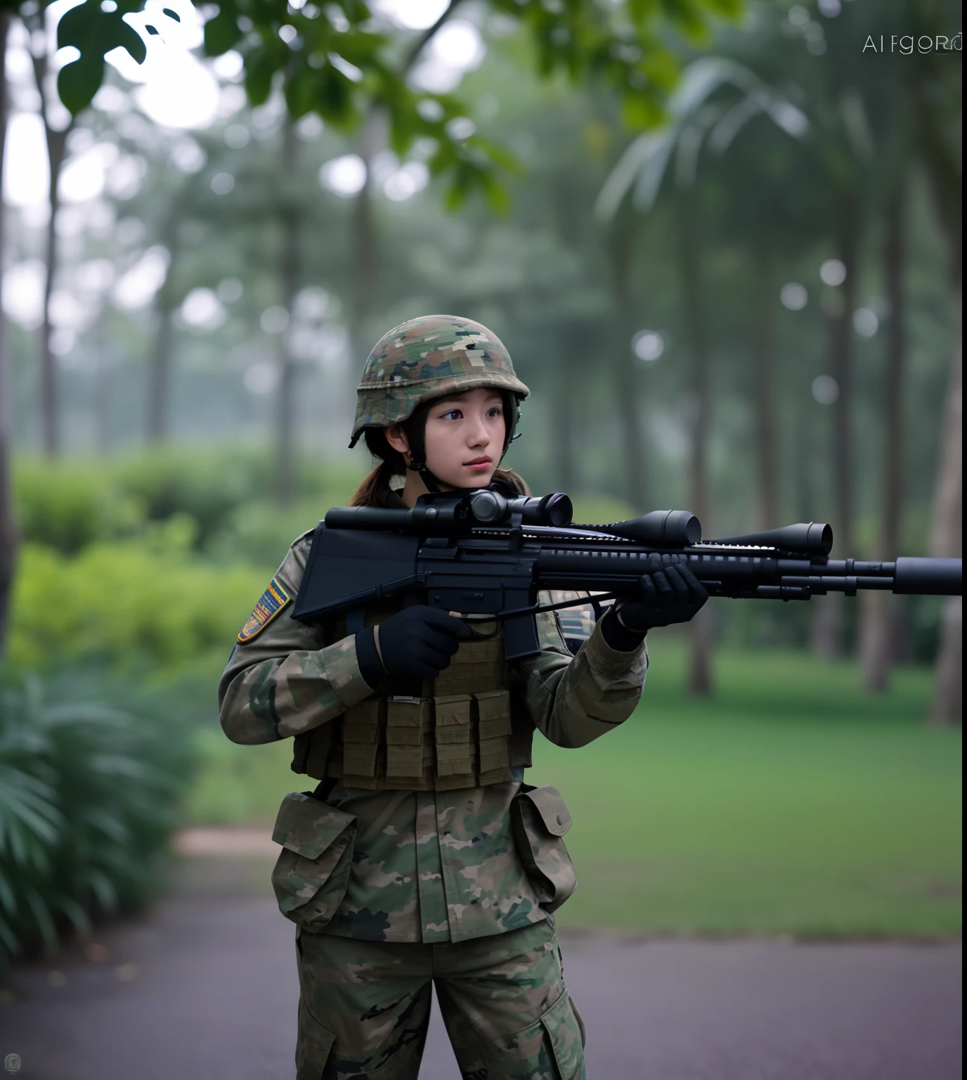 Comando de las Fuerzas de Operaciones especiales en la jungla, Armed with Gallill rifle in combat position ready to attack, imagen de cuerpo completo, gran angular, octanaje renderizado, Detalles intricados, volumetric illumination, efecto de vidrio roto, imagen en 3D, resolucion 32K. estilo: photographic: Muelle 50 mm, apertura F 2.5
