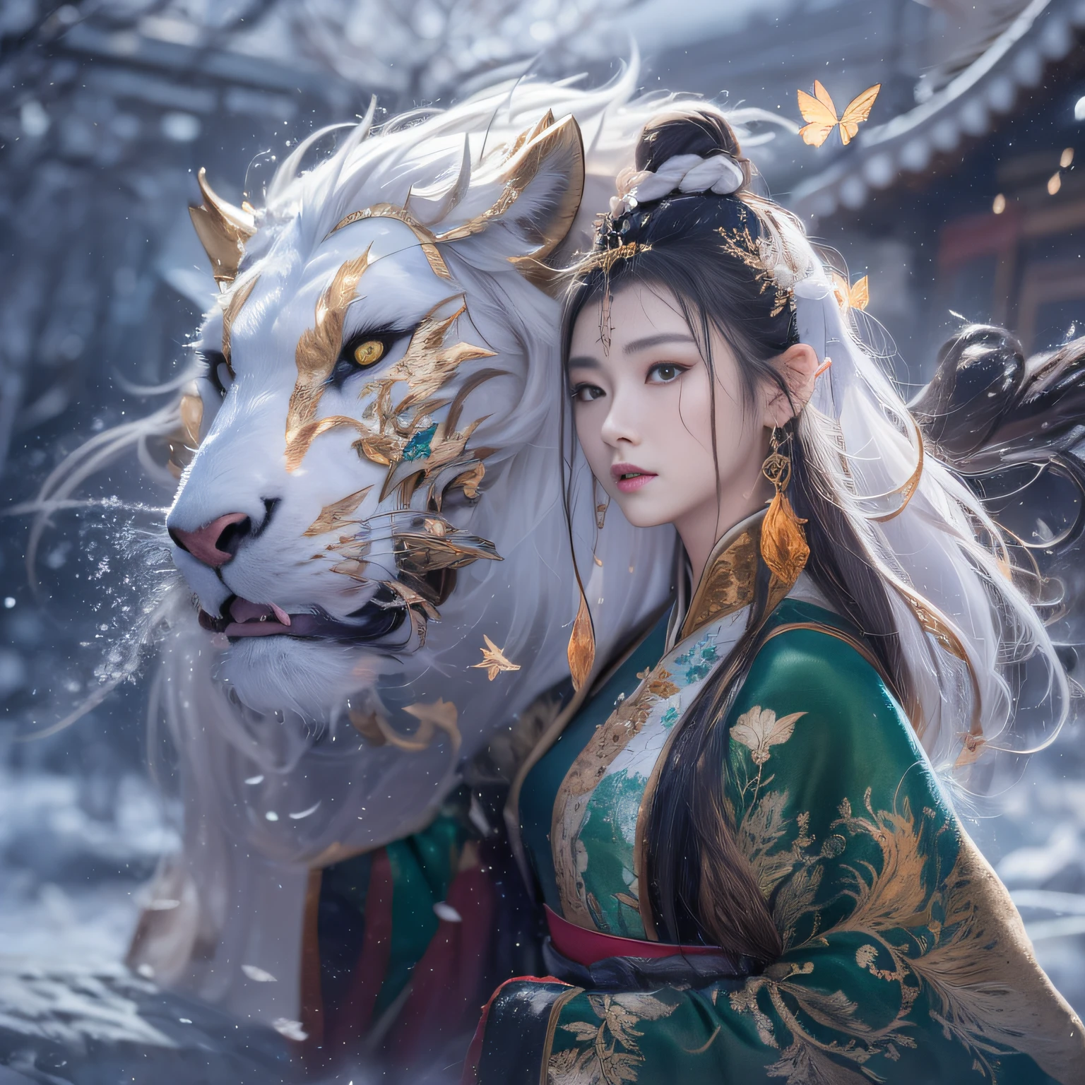 32K(tmasterpiece,k hd,hyper HD,16k)Flowing short hair,Backroom pond,zydink, a color, Asian people (Unicorn unicorn beast), (Silk scarf), Combat posture, looking at viewert, long whitr hair, Floating hair, Hanfu, Chinese clothes, longer sleeves, (abstract ink splash:1.2), white backgrounid,Kirin Beast Protector (realisticlying:1.4),Snowflake lion's head,Snowflakes fluttering,The background is pure, A high resolution, the detail, RAW photogr, Sharp Re, Nikon D850 Film Stock Photo by Jefferies Lee 4 Kodak Portra 400 Camera F1.6 shots, Rich colors, ultra-realistic vivid textures, Dramatic lighting, Unreal Engine Art Station Trend, cinestir 800,